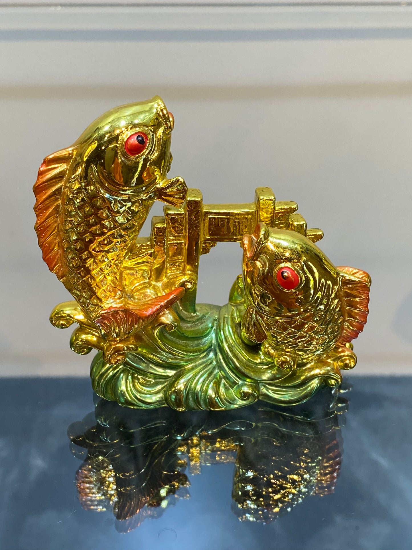 Feng Shui Golden Color Good Luck Two Fish jumping over the Water