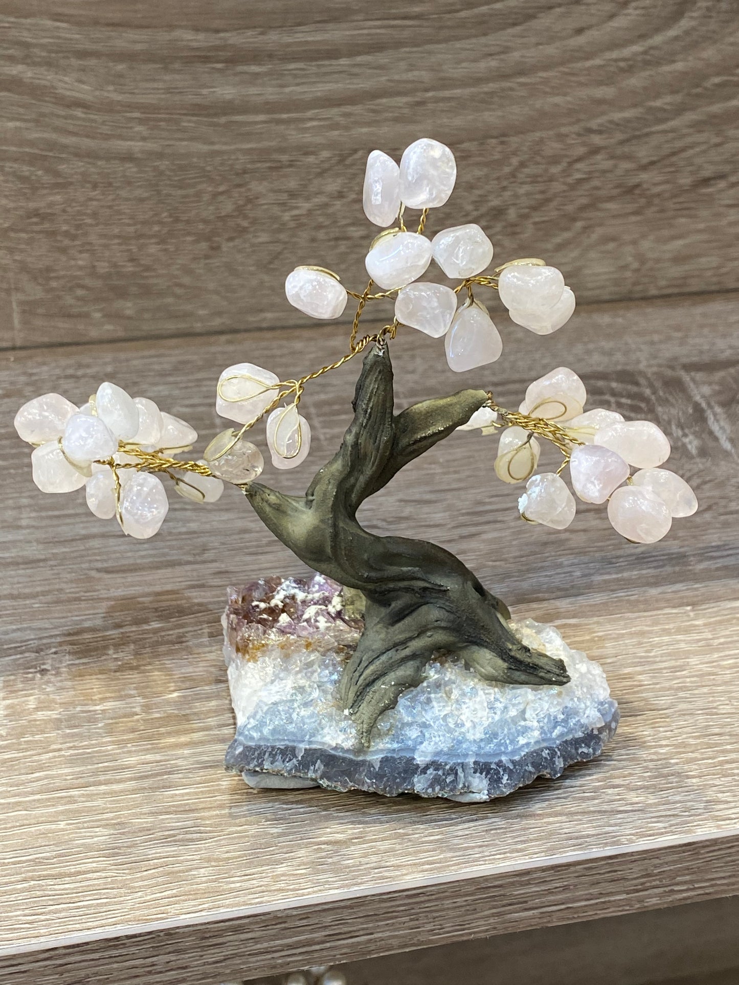 Gemstone Rose Quartz Tree on Amethyst Cluster