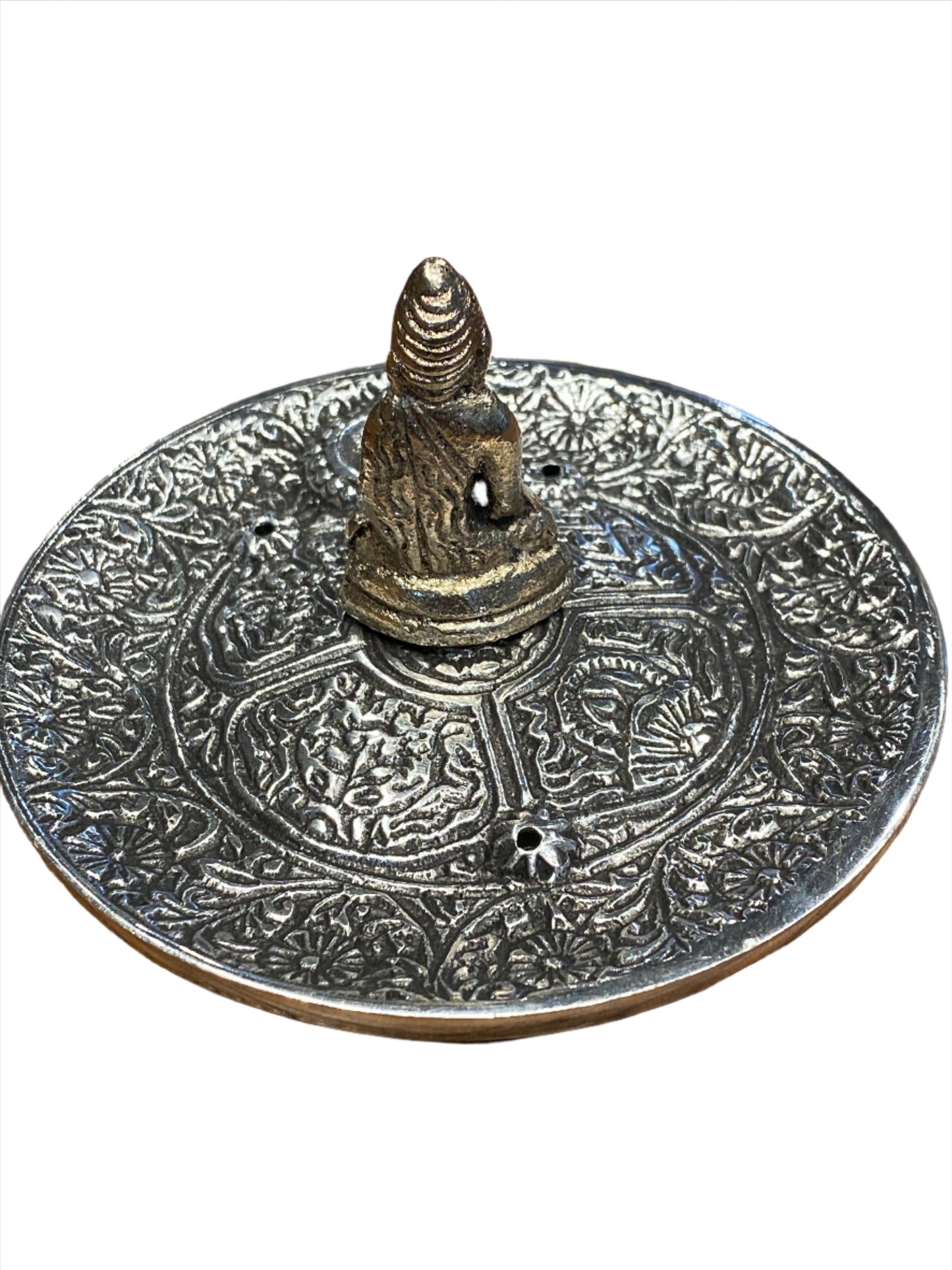 Buddha Silver Metal Incense Double Stick and Cone Holder