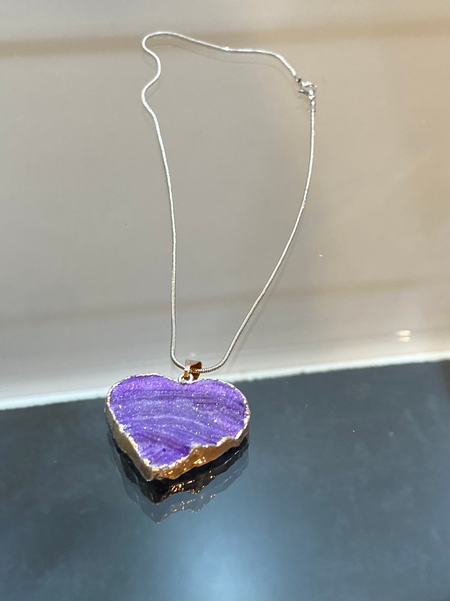 Purple Banded Agate Stone Silver Heart Pendant with Silver Plated Necklace