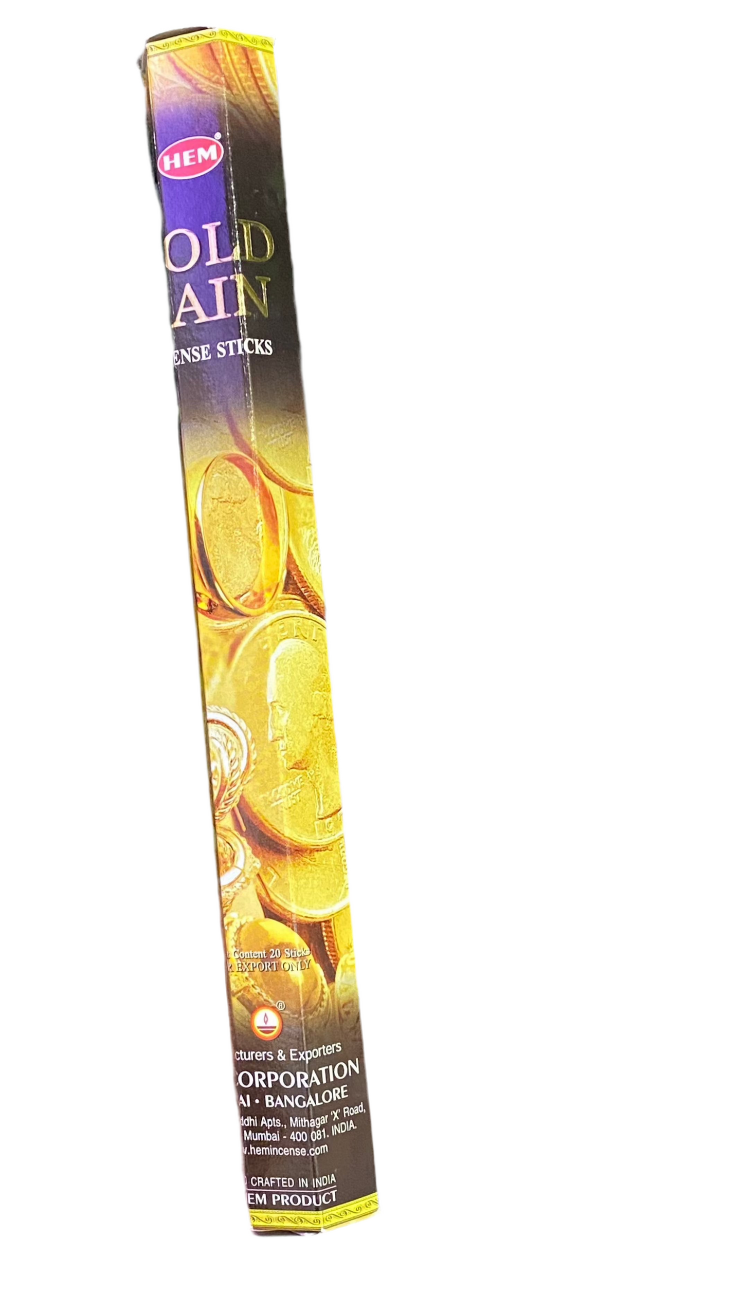 HEM Gold Rain Incense Sticks in 20-stick hex pack with luxurious aroma packaging.