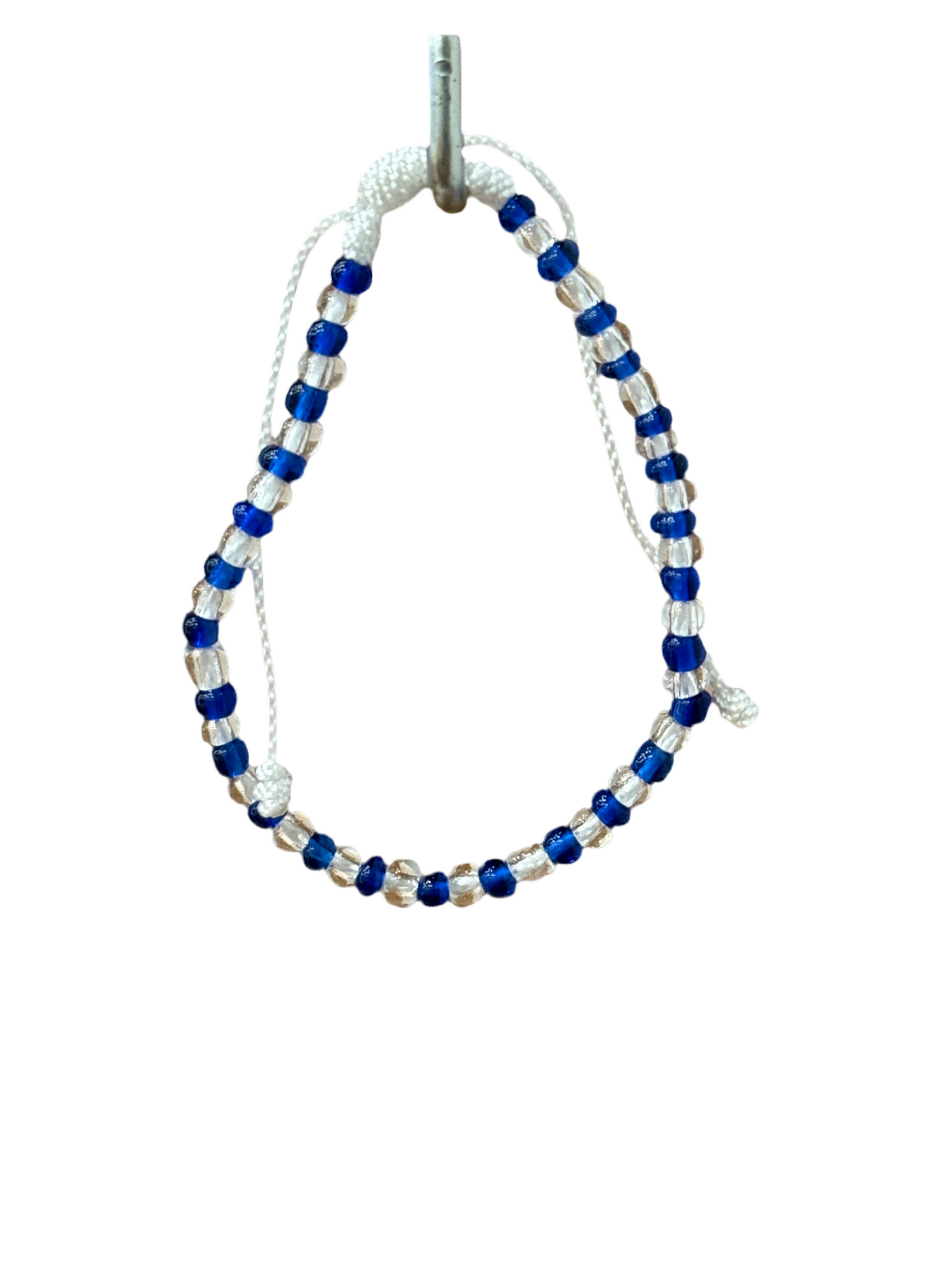 Handmade Beaded String Blue and Clear Orisha Yemaya White Pull Tie Bracelet