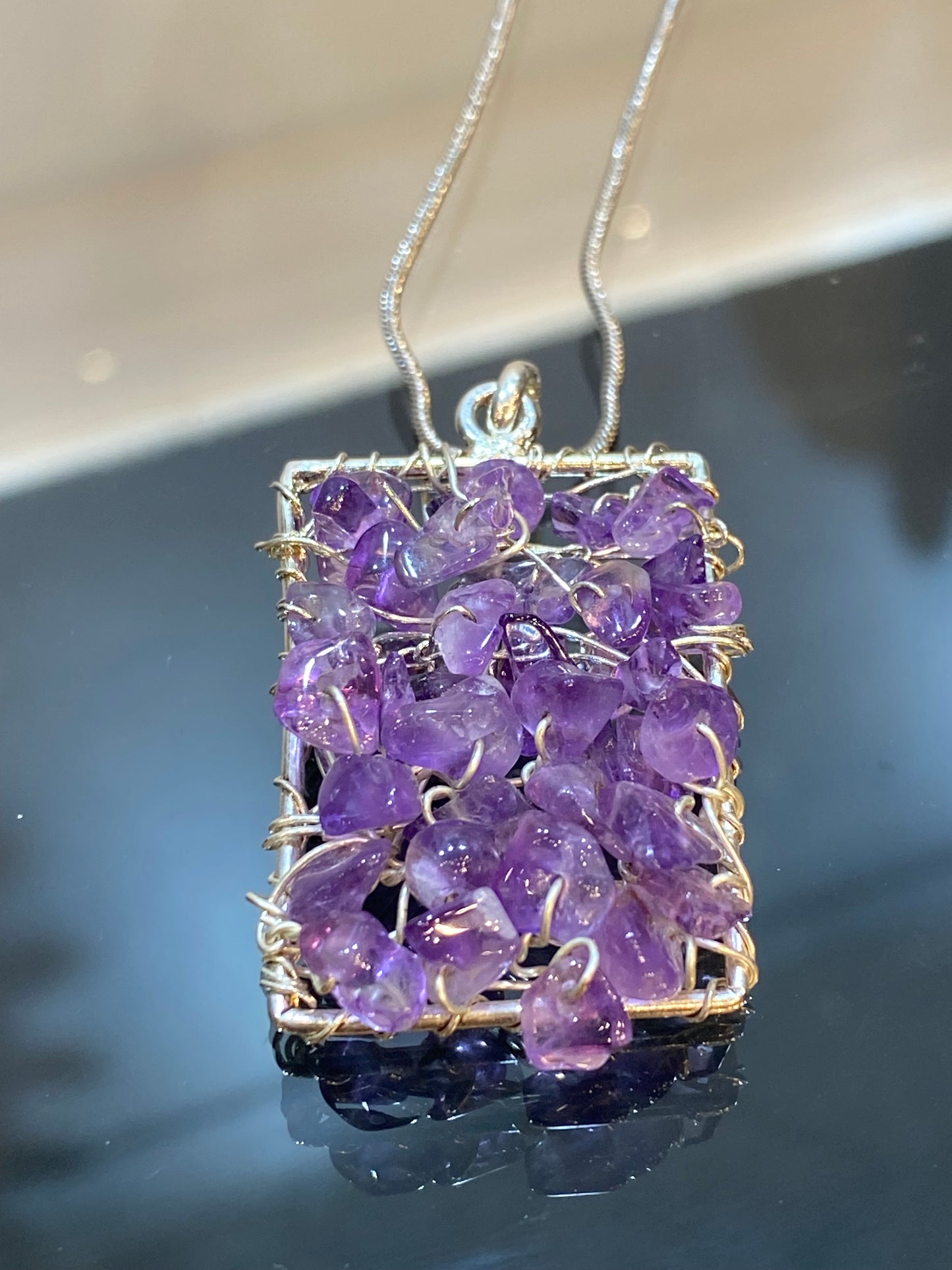 Wire Wrapped Amethyst Chips Silver Pendant with Silver Chain