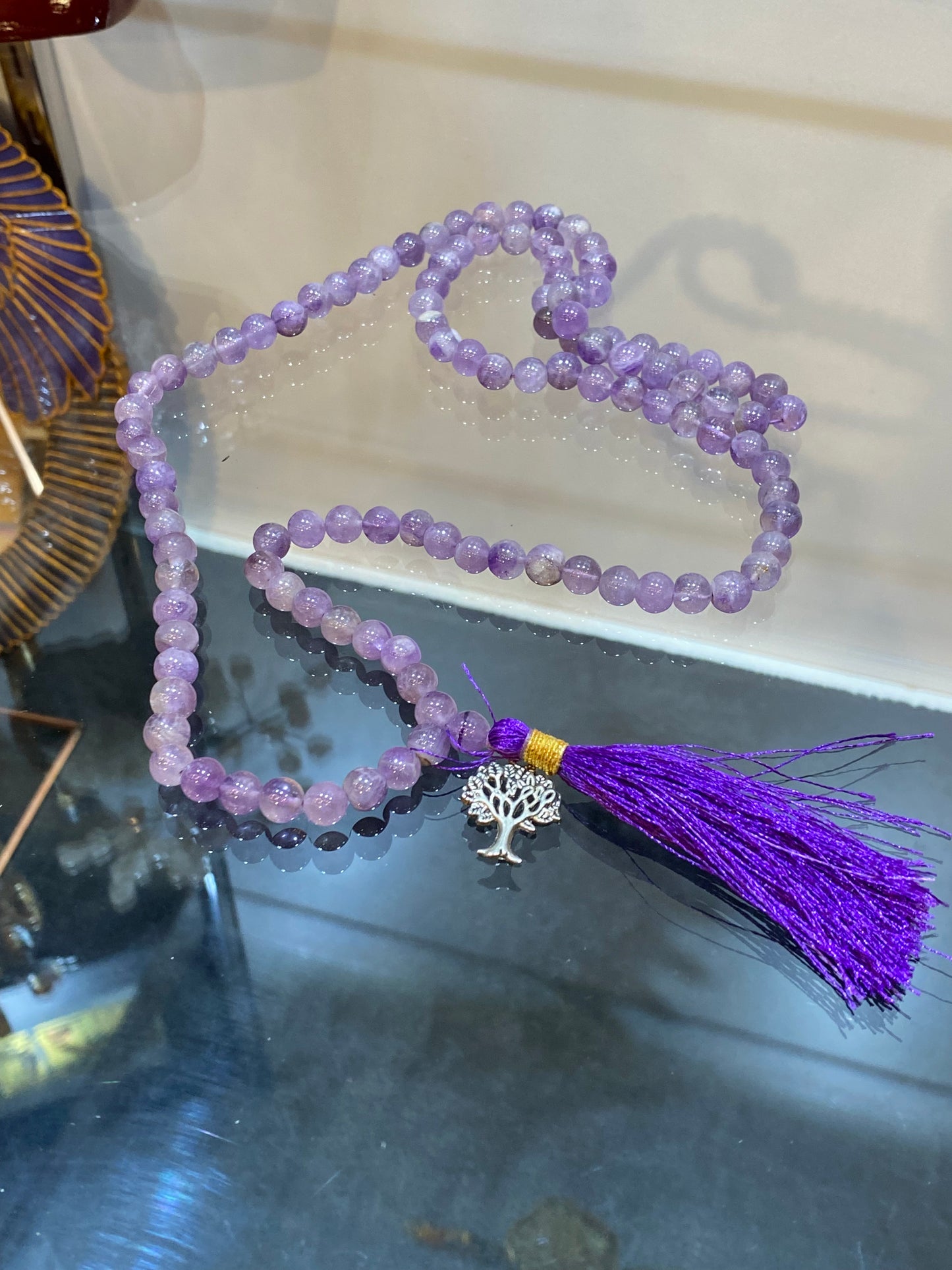 Light Amethyst Prayer Mala Necklace With Tree Of Life Charm And Purple Tassle