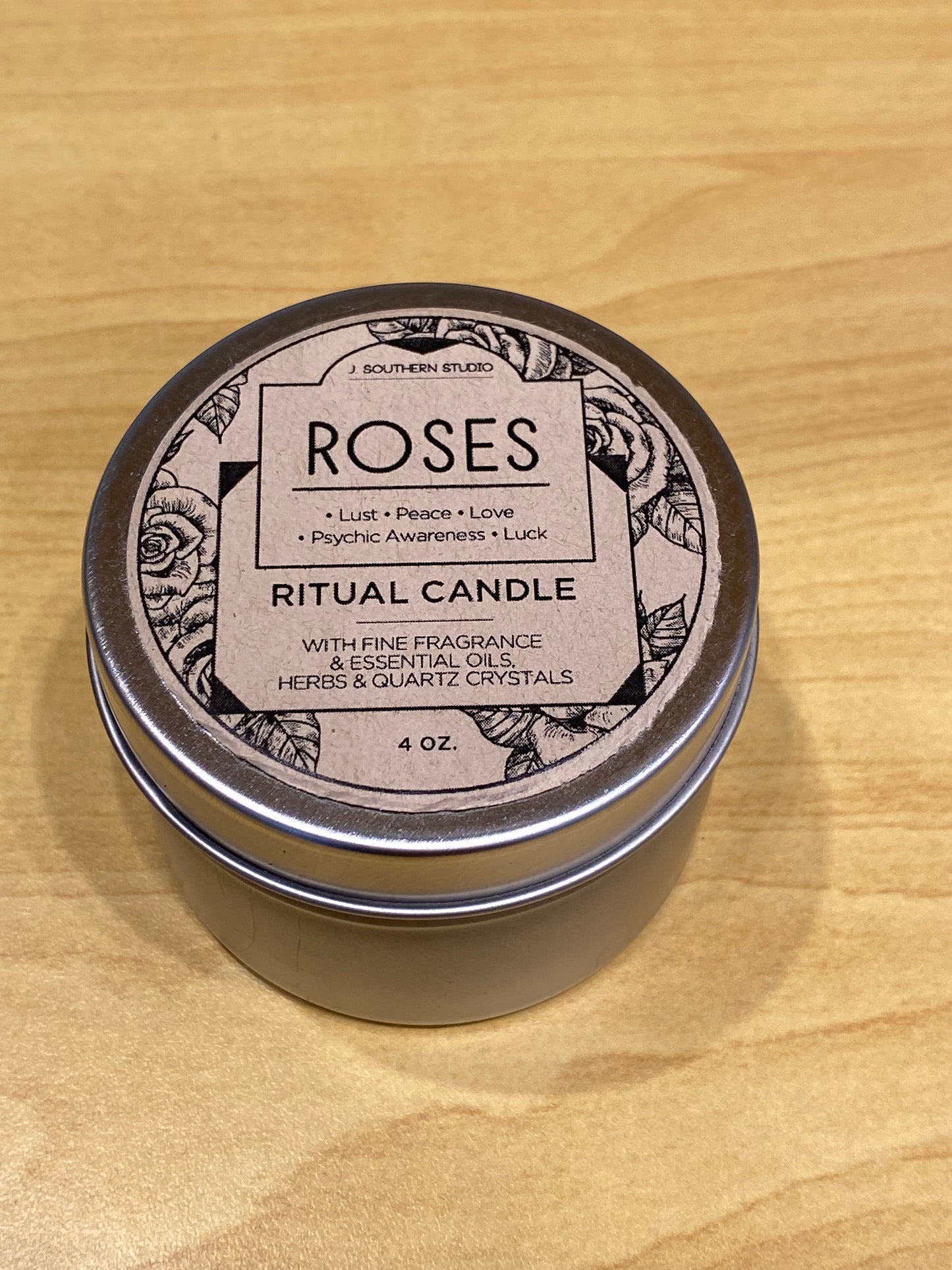 Travel Tin Roses Ritual Candle with Crystals