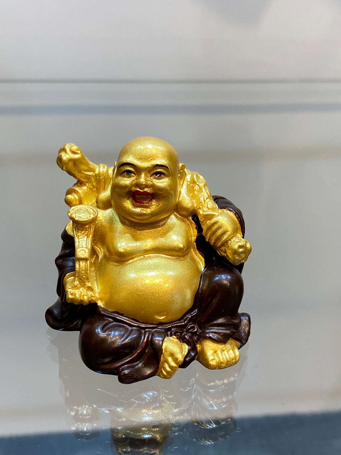 Mini Laughing Buddha with Sack of Plenty Brown-Red and Gold