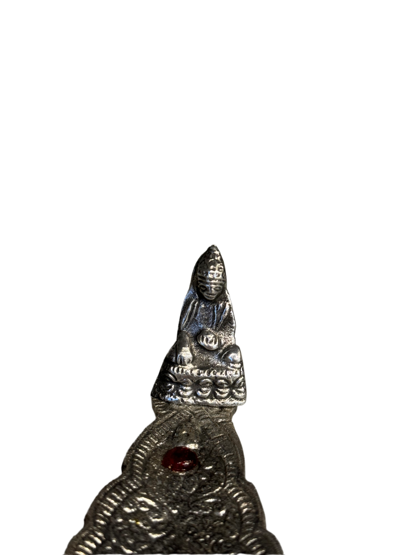 Thai Buddha Silver Aluminum Leaf Incense Stick Holder with Red Stone