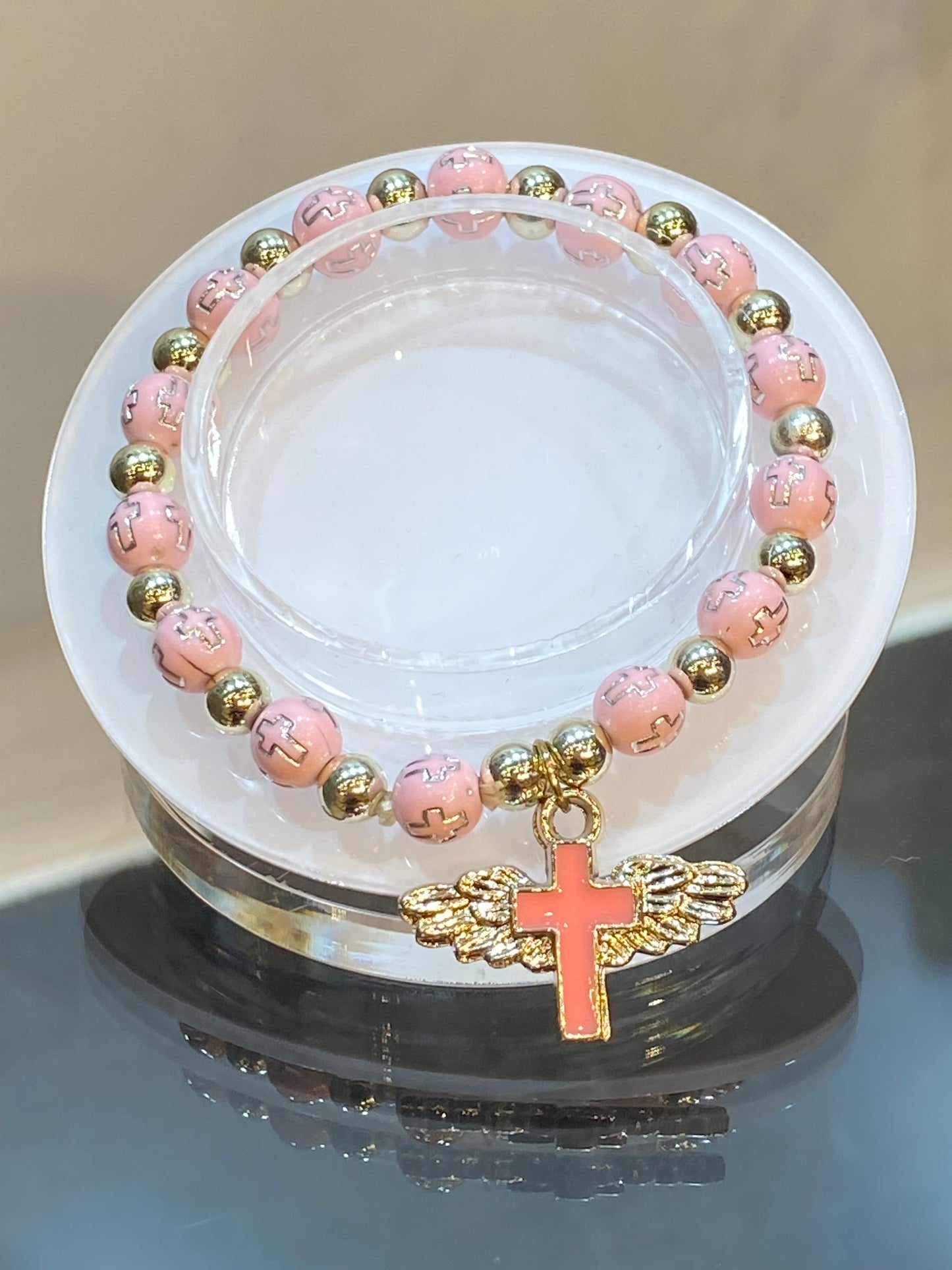 Pink and Silver Engraved Cross Beaded Stretch Bracelet With Hanging Cross Angel Wings Charm