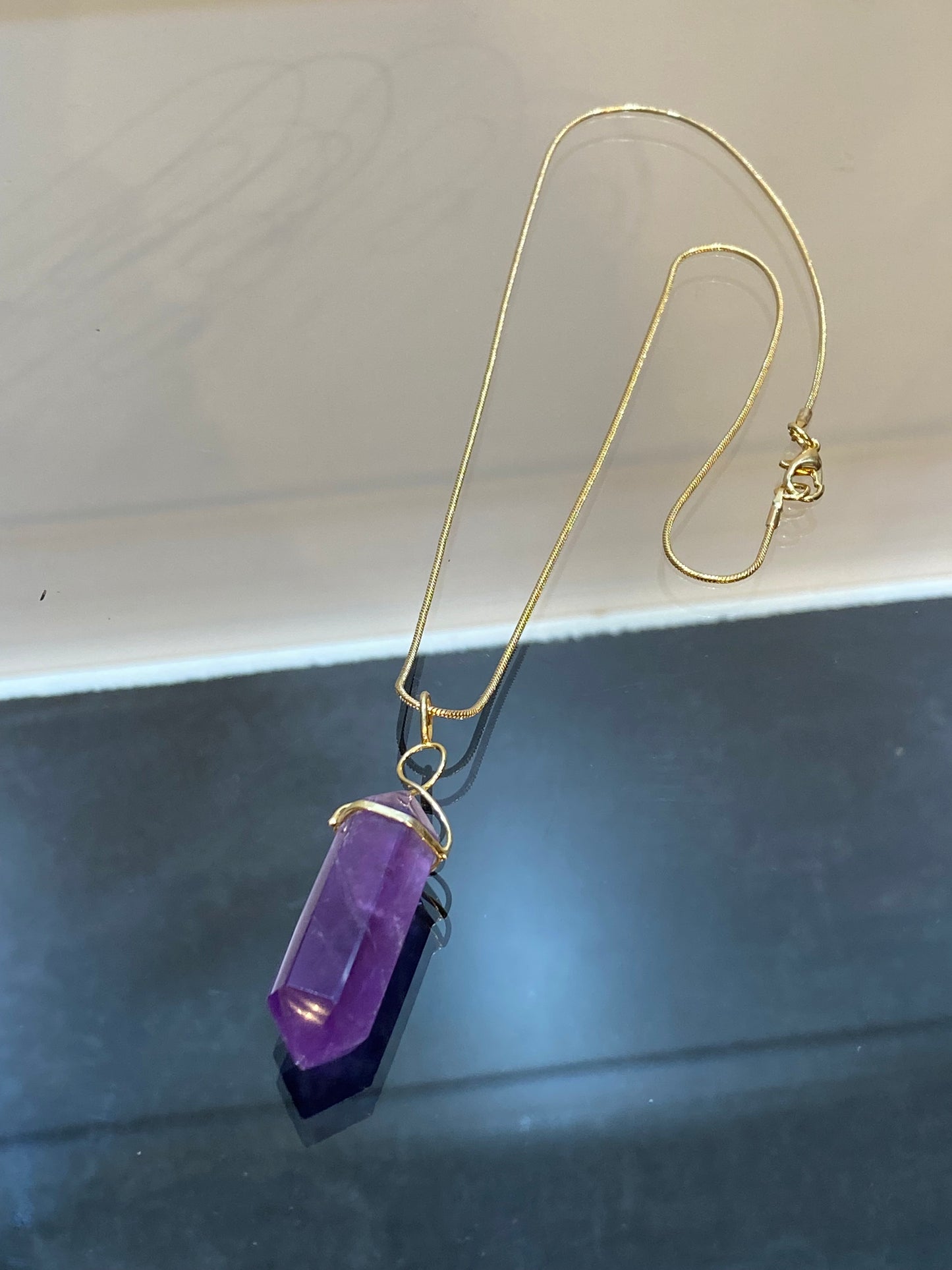 Amethyst Double Terminated Point Gold Overlay Twist Pendant with Gold Chain