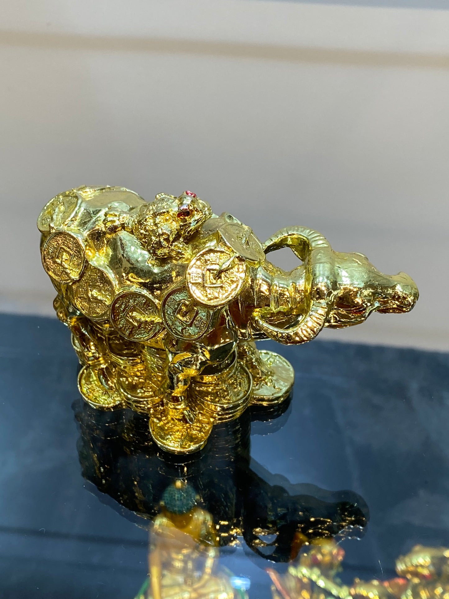 Feng Shui Golden Shiny Color Money Ox with Money Frog sitting on Top