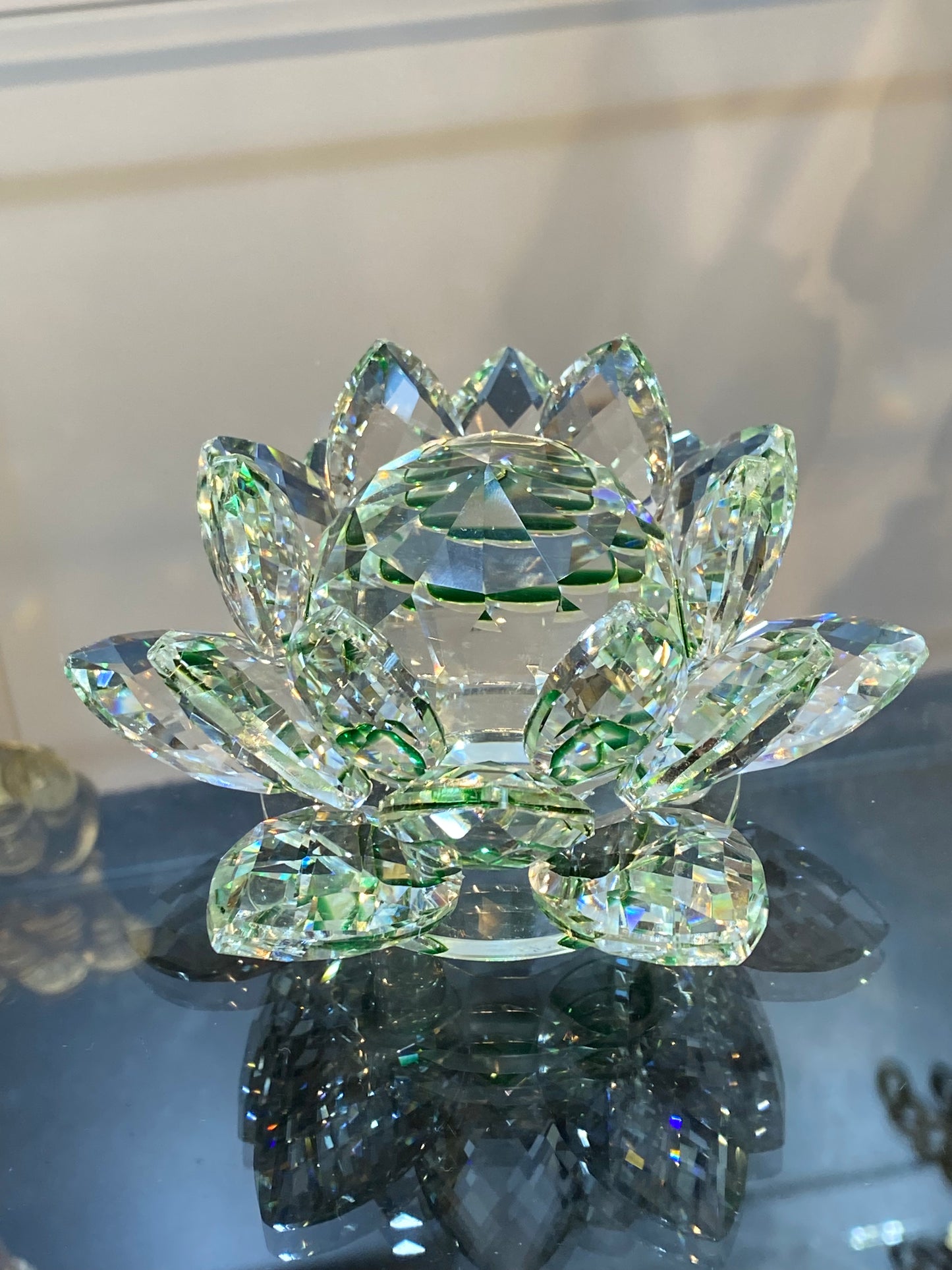 Feng Shui Crystal Lotus Flower Clear/Green 5”