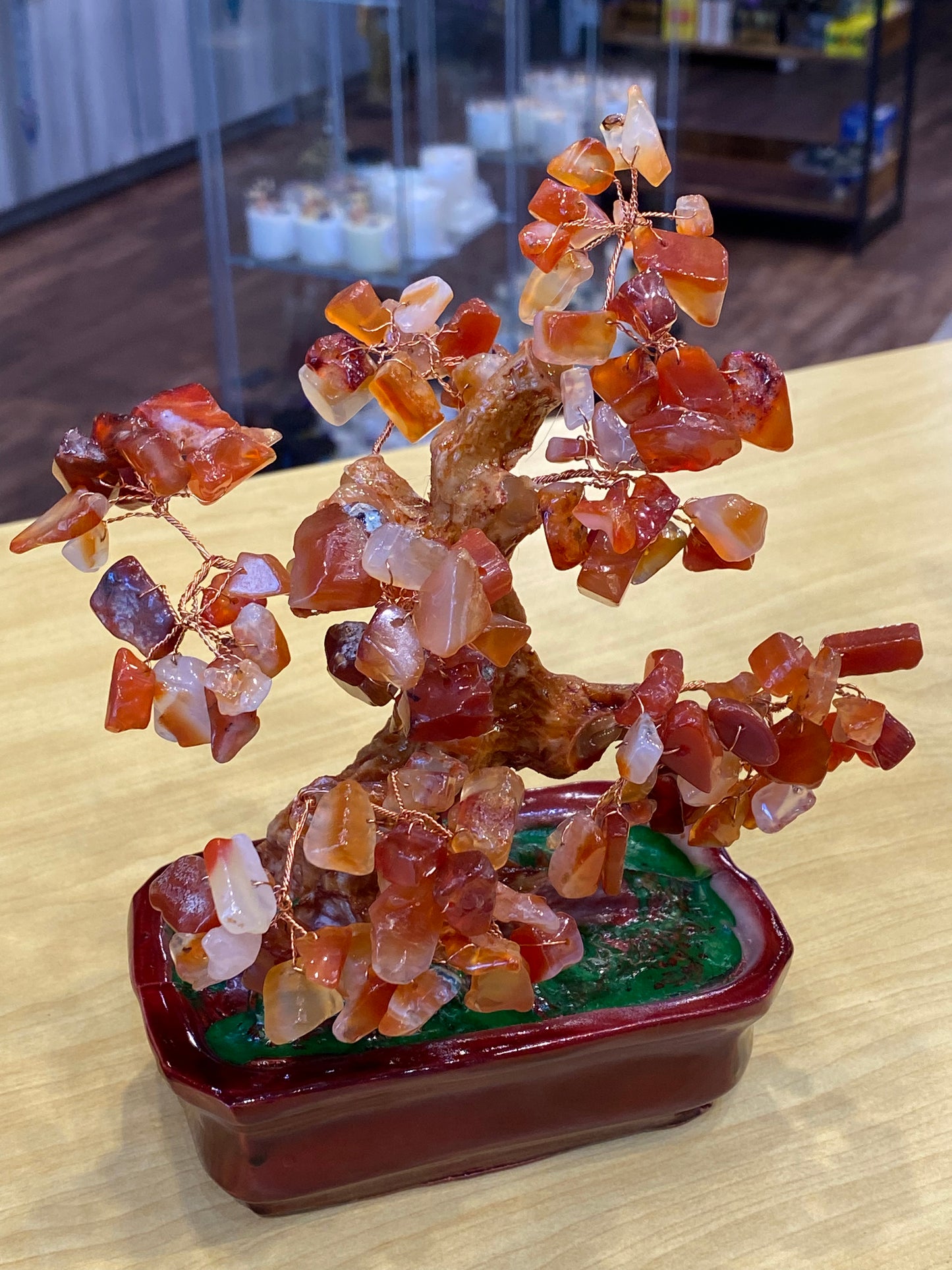 Feng Shui Bonsai Tree Desktop  Tumbled Carnelian in a Red Tub