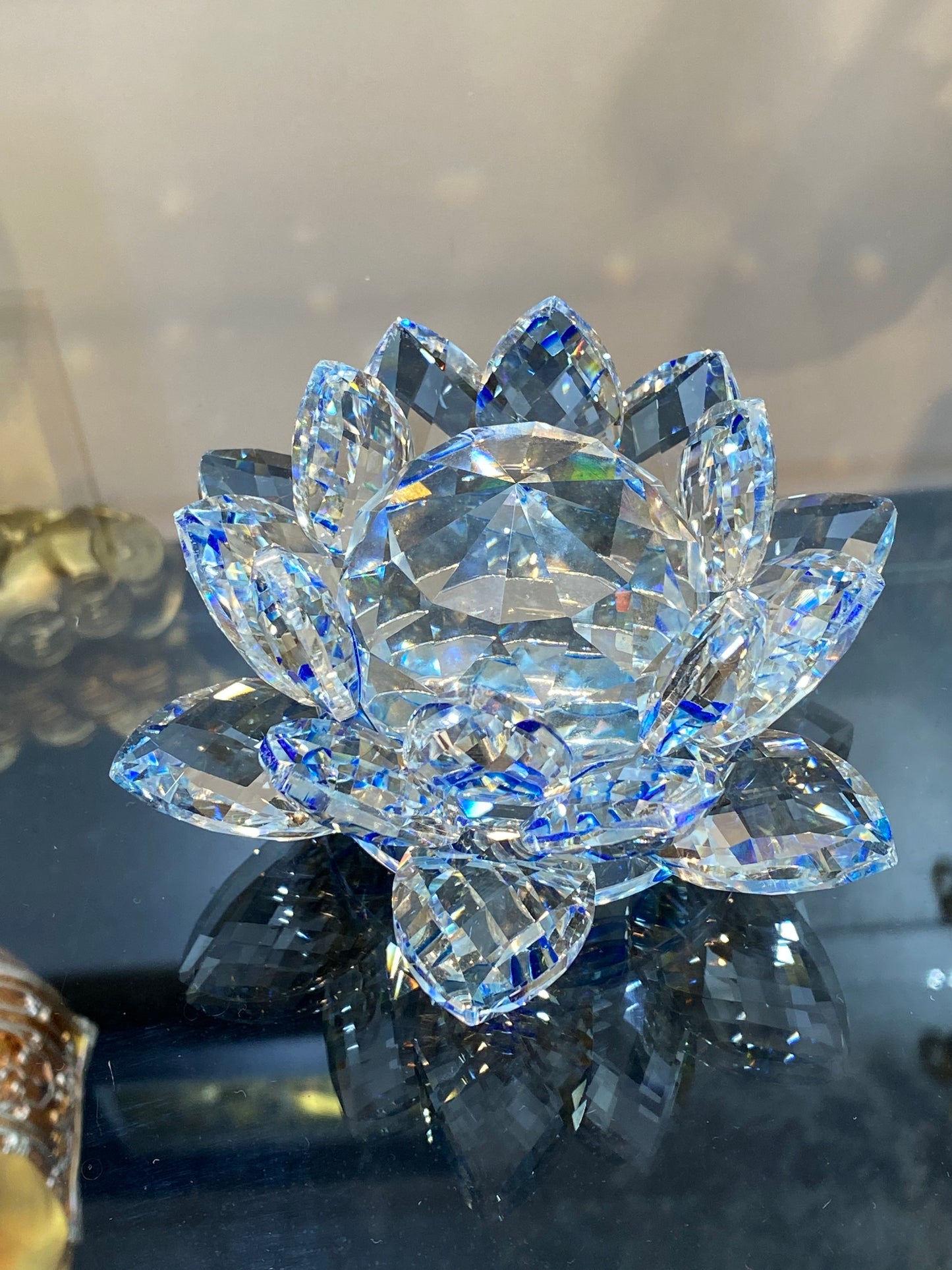 Feng Shui Sapphire Clear Crystal Lotus Flower 5”