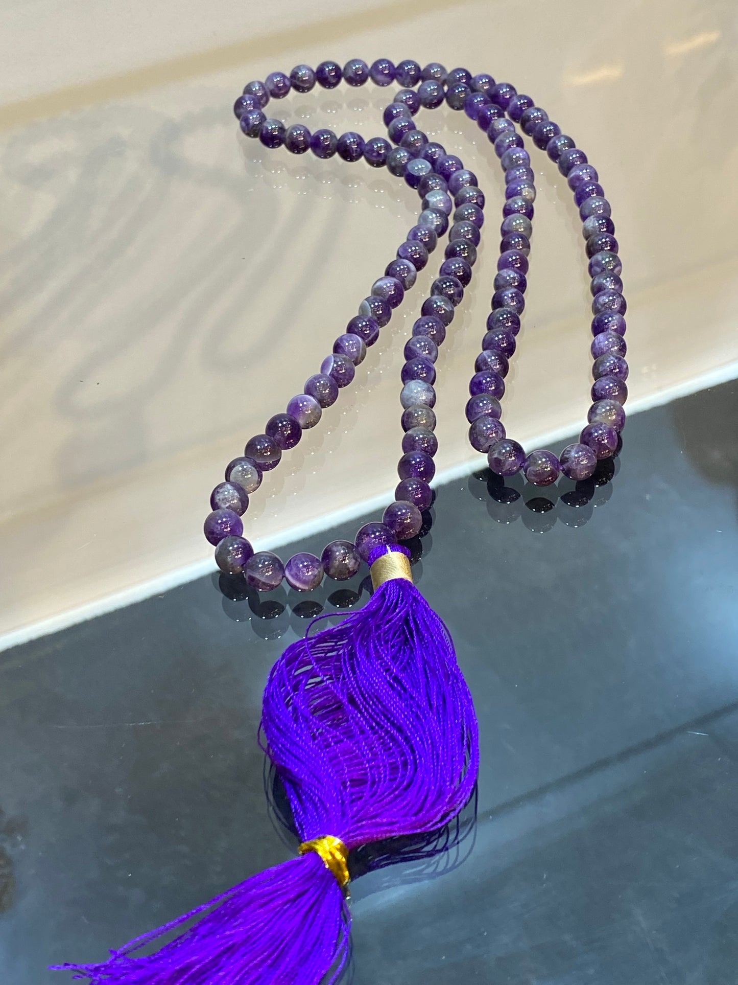 Chevron Amethyst Prayer Mala Beads With Purple Tassle