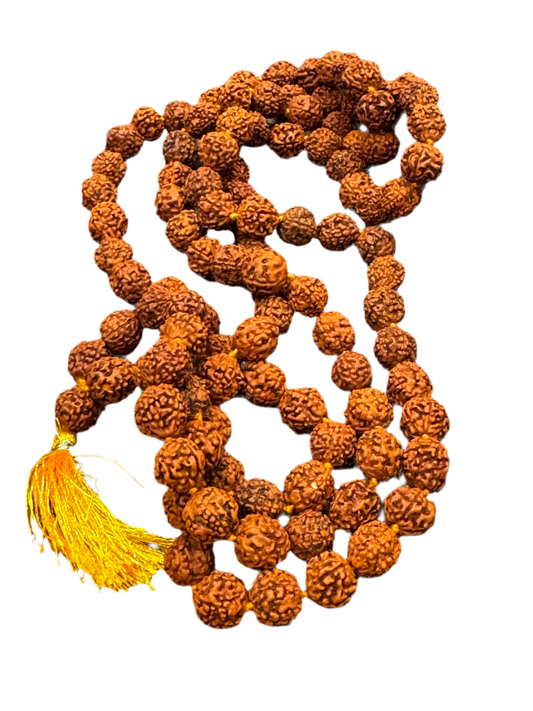 Rudraksha Seed Mala Japamala with Golden Yellow Tassel – Root and Sacral Chakra Power Mala - Large Seed 14mm
