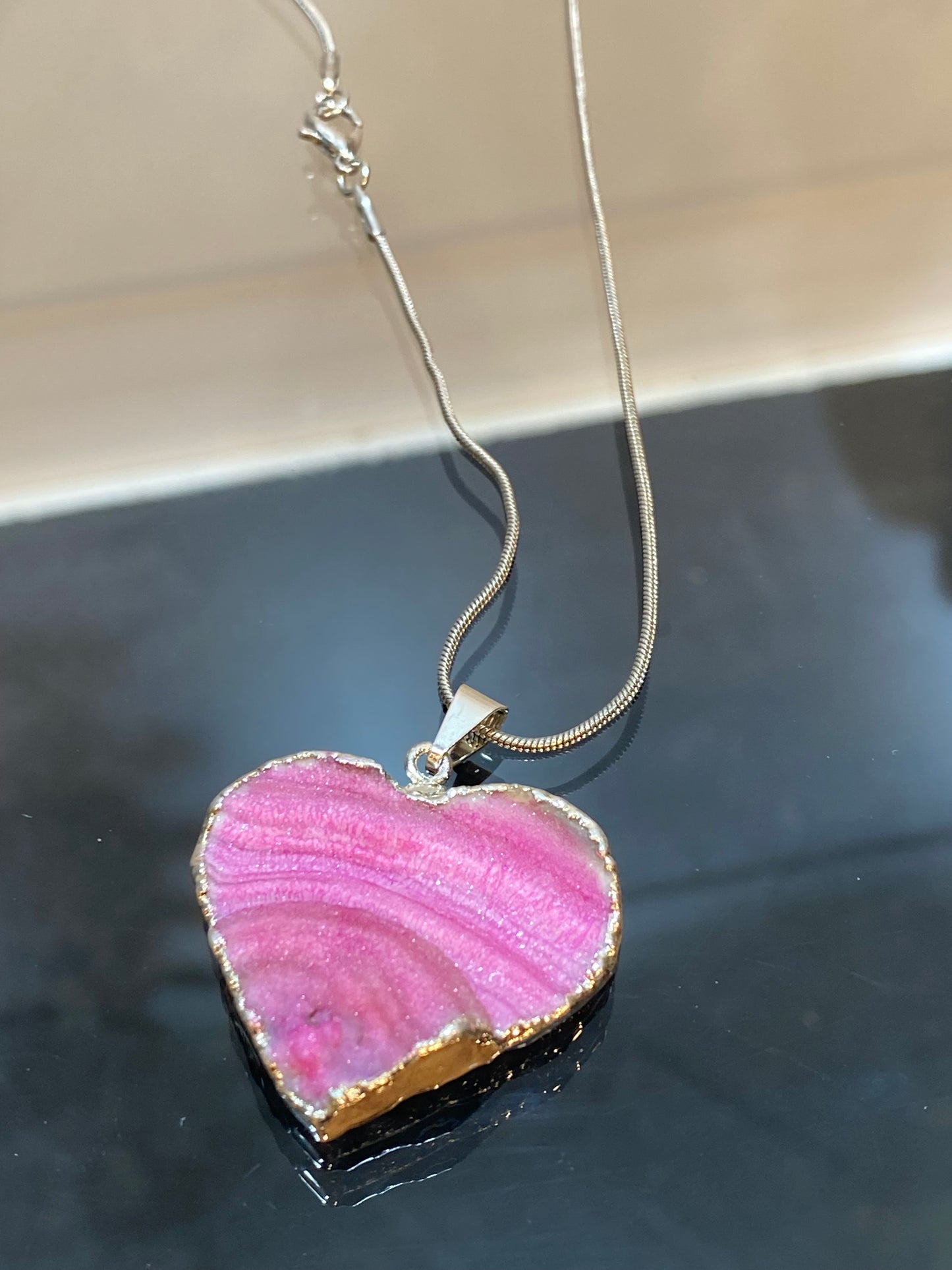 Dark Pink Banded Agate Silver Heart Pendant with Silver Plated Chain