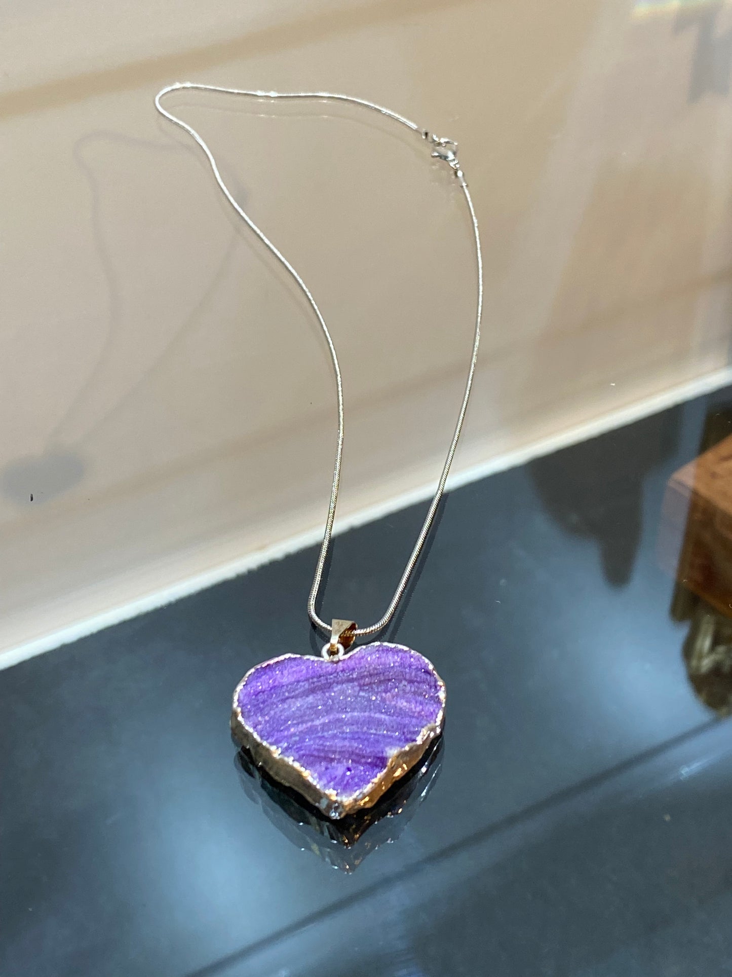 Purple Banded Agate Stone Silver Heart Pendant with Silver Plated Necklace