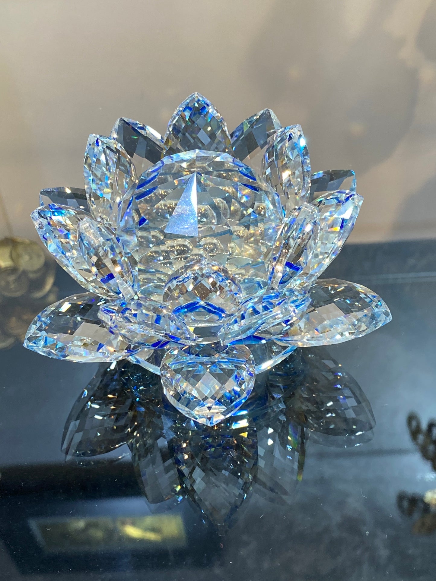 Feng Shui Sapphire Clear Crystal Lotus Flower 5”