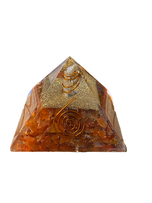 Carnelian Orgonite Pyramid With Clear Quartz Point, Gold Dust and Reiki Coil