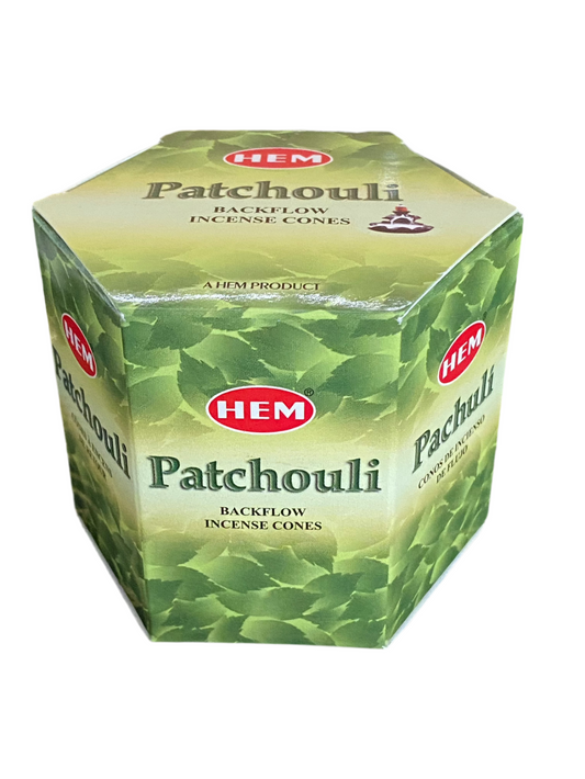 HEM Patchouli Backflow Dhoop Incense cones packaging.
