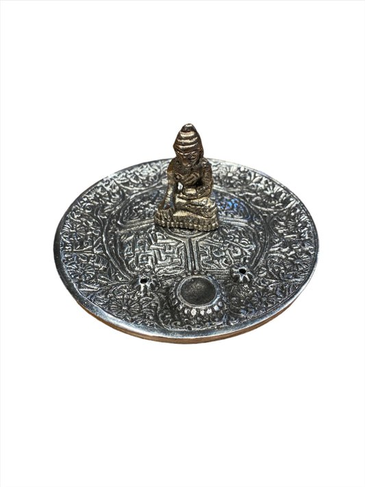 Buddha Silver Metal Incense Double Stick and Cone Holder