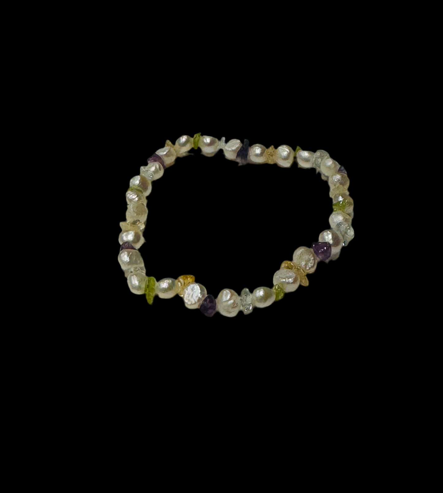 White Beaded Pearl, Amethyst, Citrine and Peridot Chips Stretch Bracelet