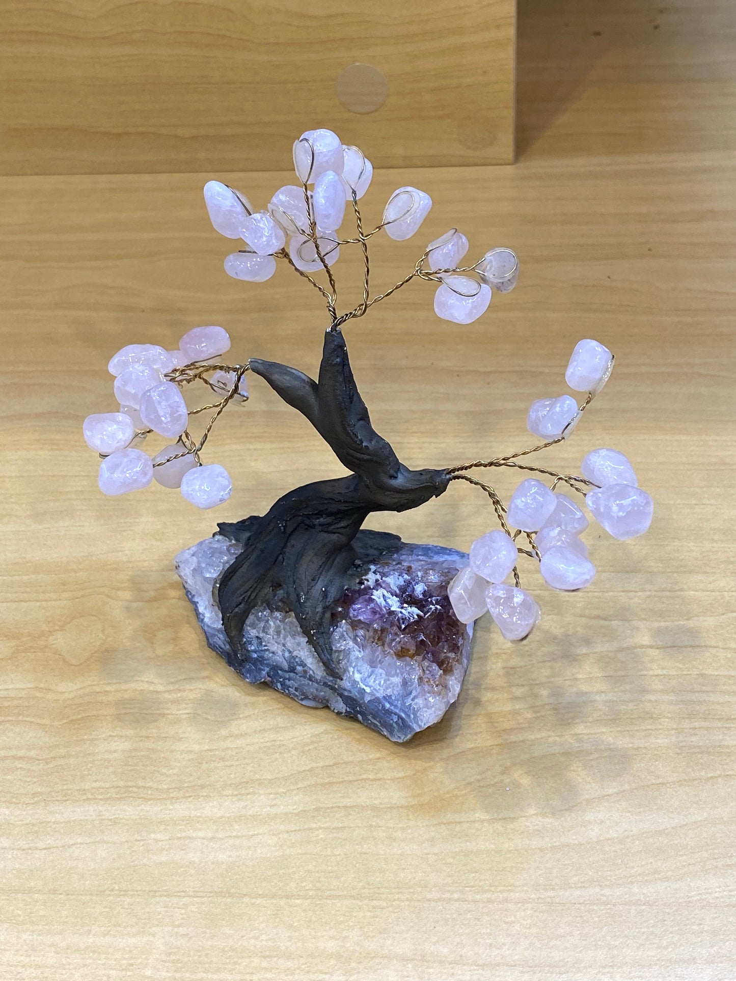 Gemstone Rose Quartz Tree on Amethyst Cluster