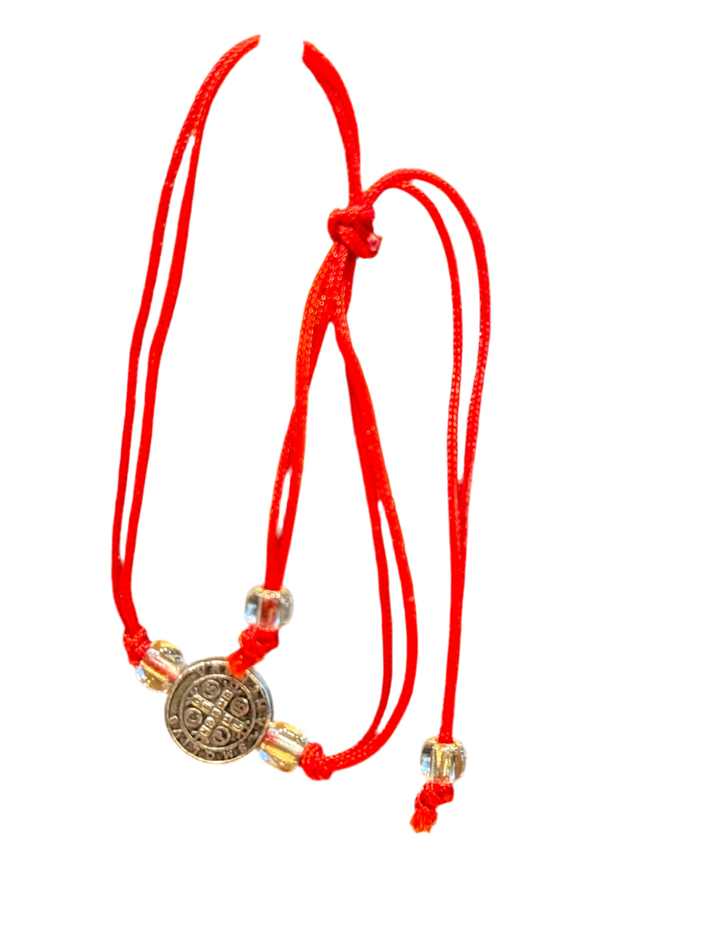 Protection Red String Pull Tie Bracelet With Silver Saint and Cross Charm