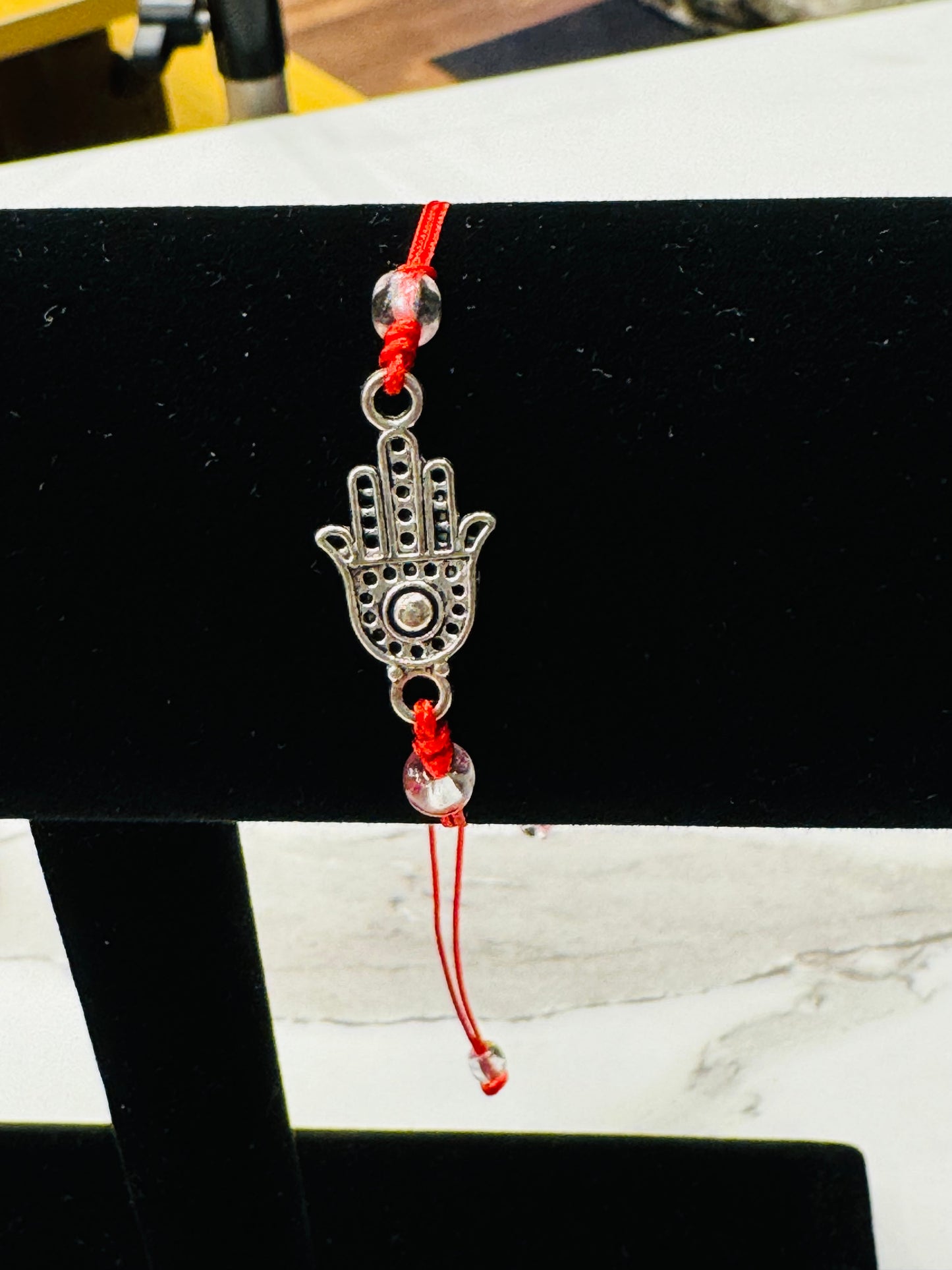 Silver Hamsa Clear Beads Red String Pull Tie Bracelet