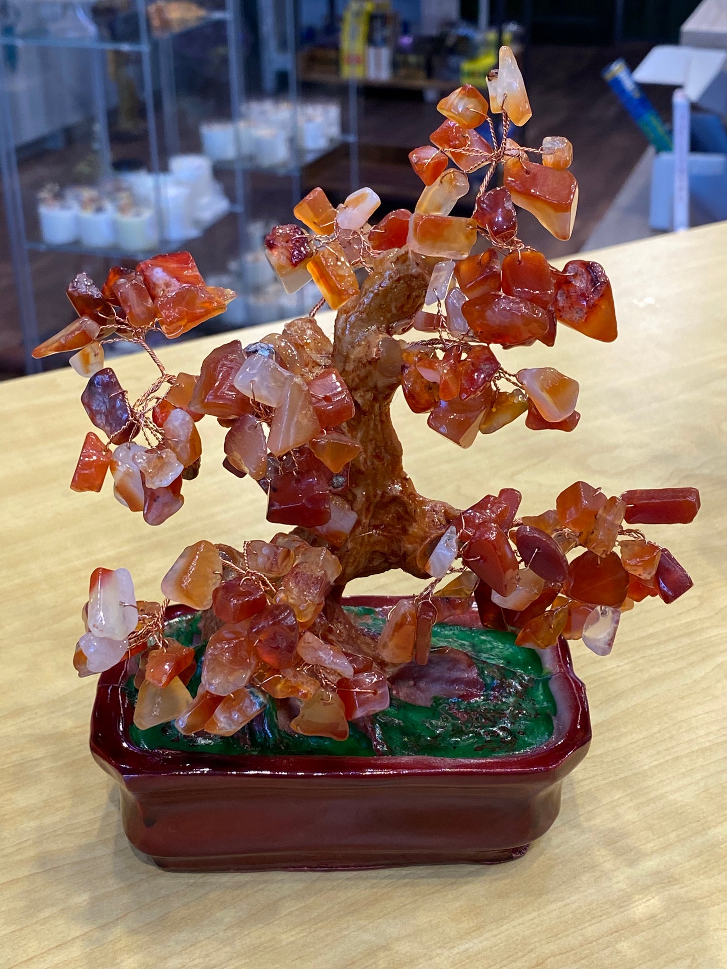 Feng Shui Bonsai Tree Desktop  Tumbled Carnelian in a Red Tub