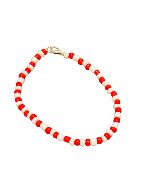 Orisha Chango Handmade Beaded Bracelet Red and White With Silver Clasp