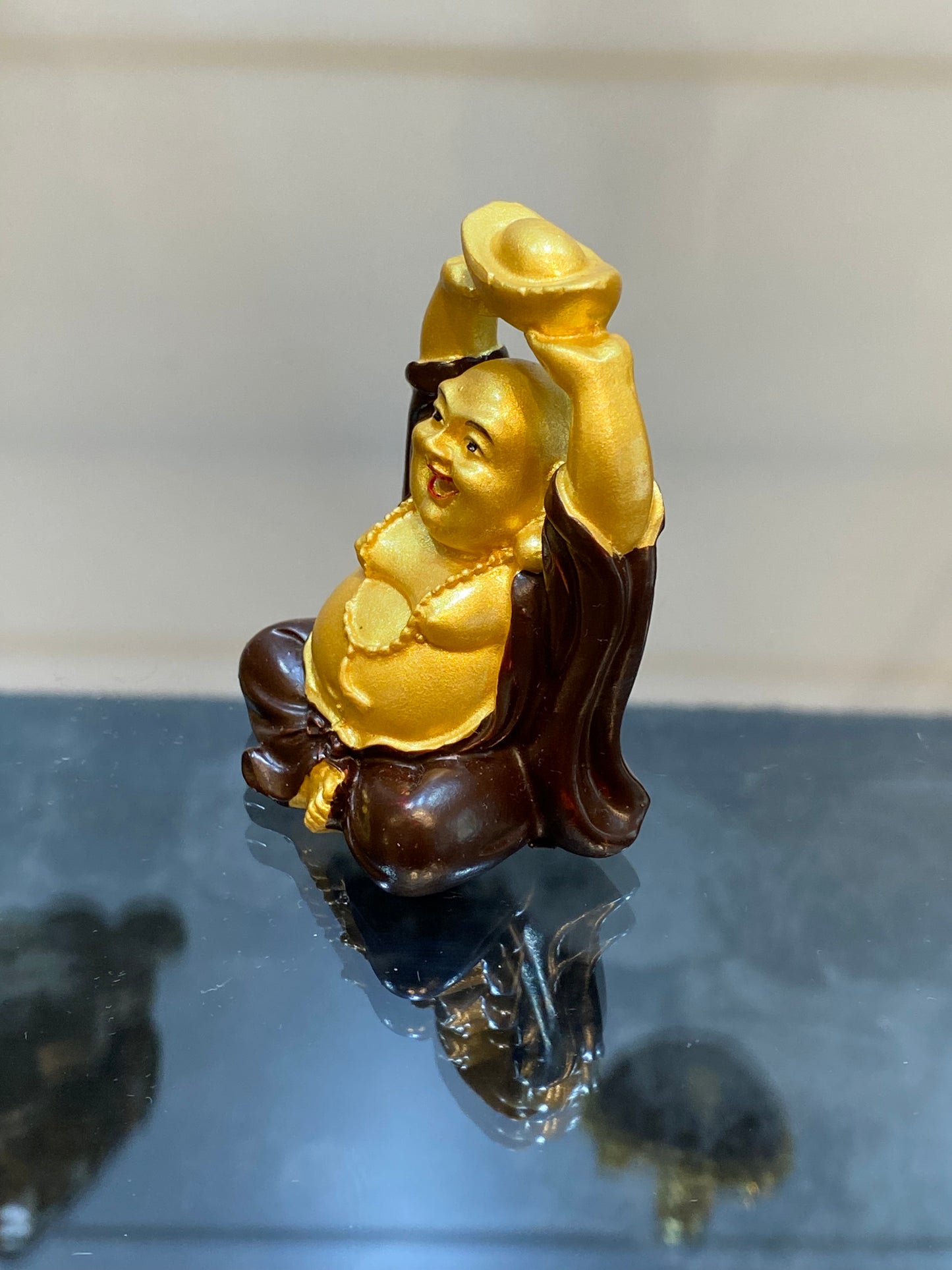 Mini Laughing Buddha with hands up holding Igot bowl Brown-Red and Gold