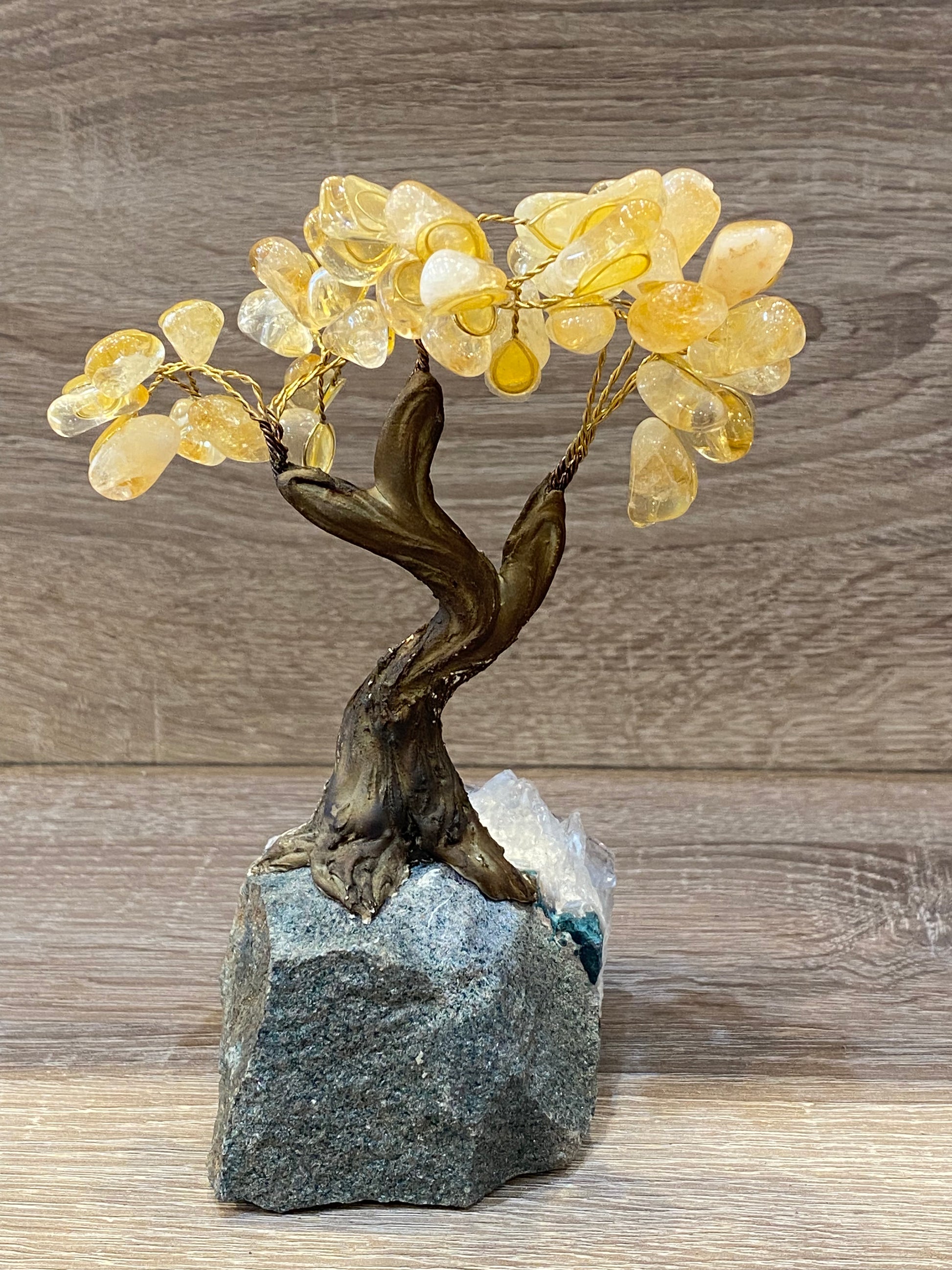 Bonsai Gemstone Citrine Tree on a Smoky Quartz Cluster