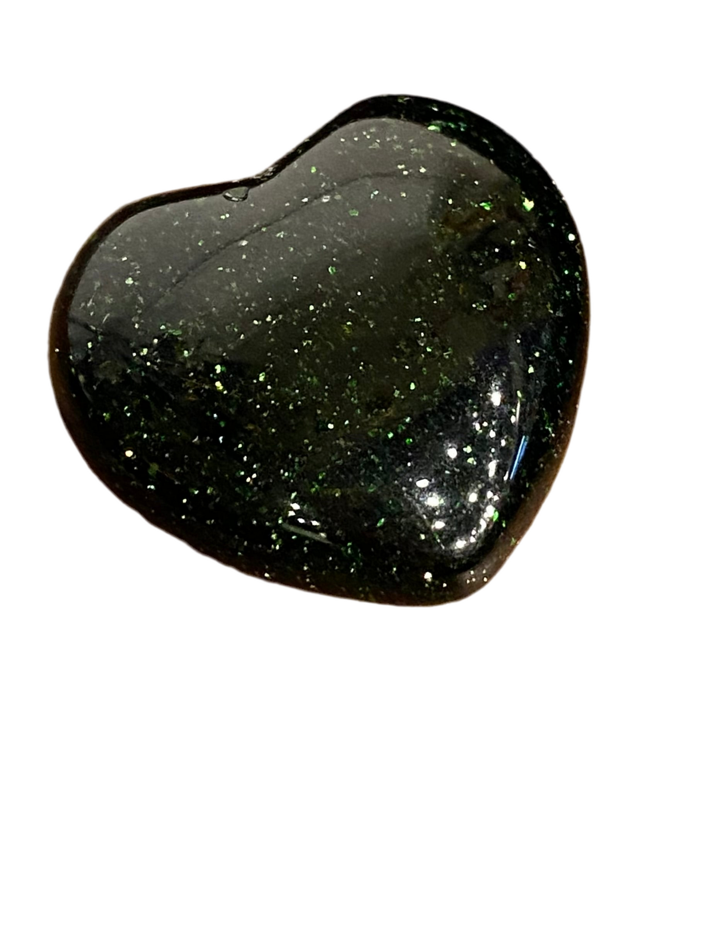 Green Goldstone hand carved polished pocket heart with shimmering flecks.