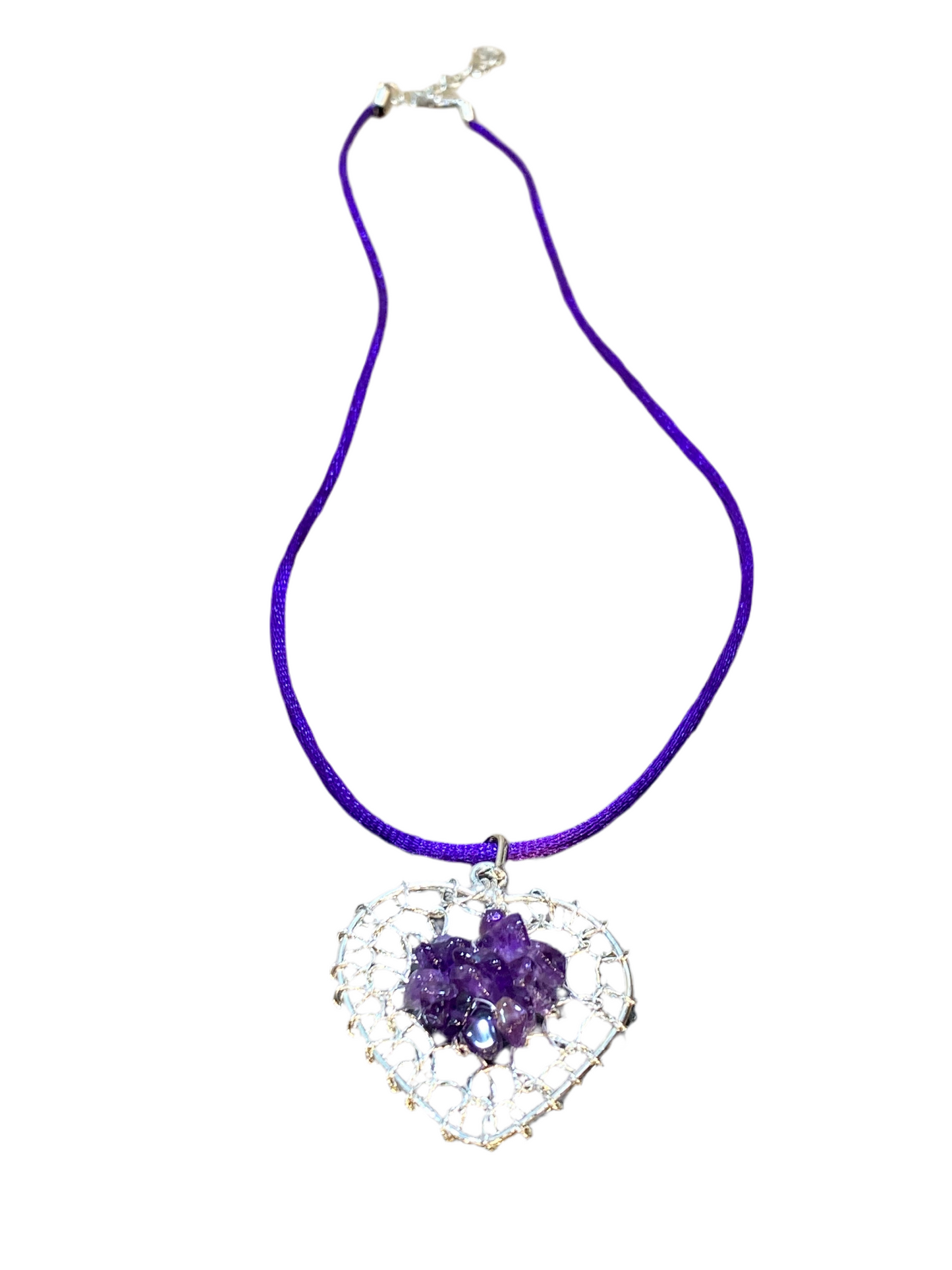 Amethyst Chip Silver Wired Heart Pendant With Purple Cord Necklace