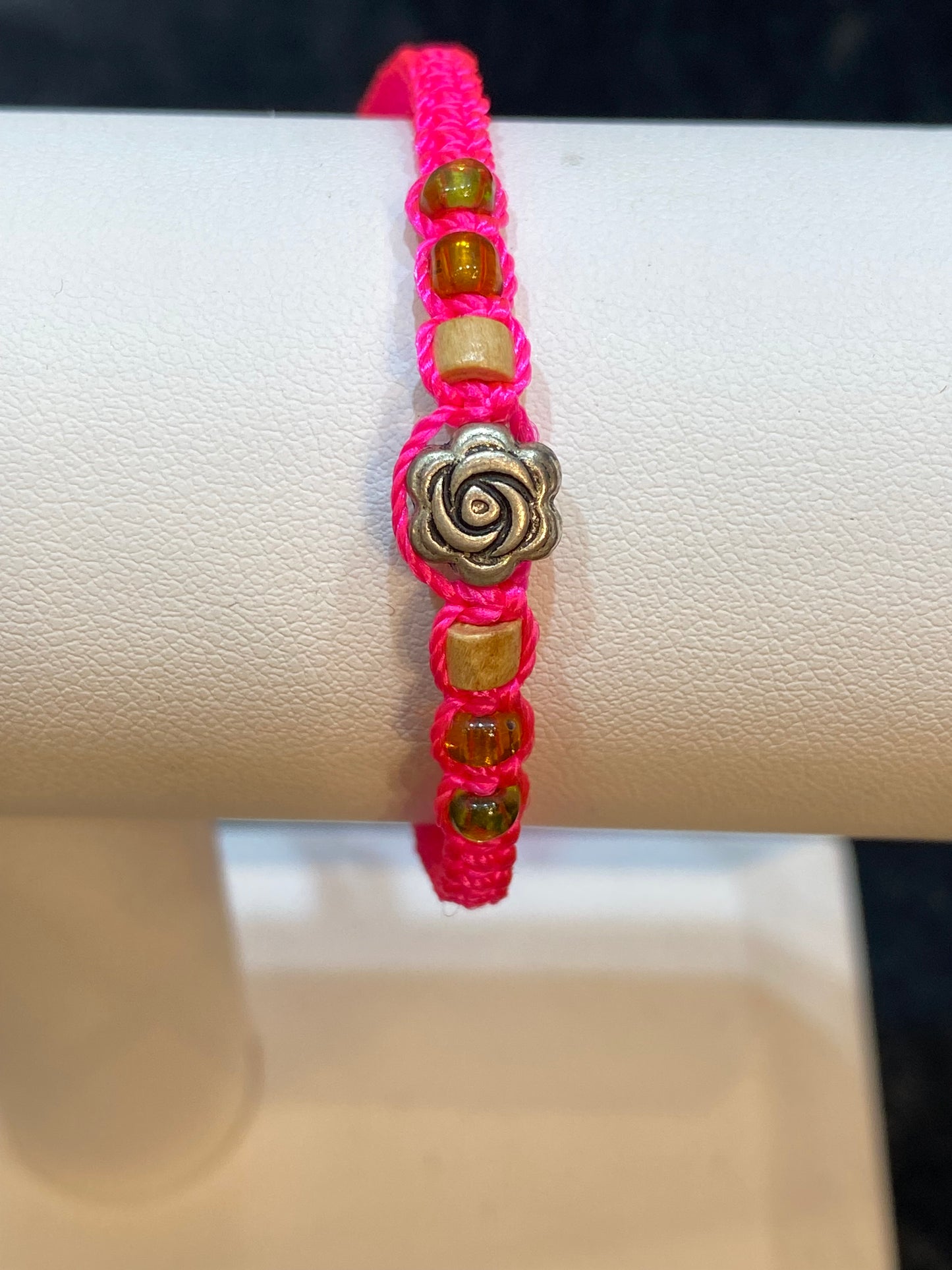 Handmade Hot Pink Pull Tie String Braided Bracelet With Rose and Beads