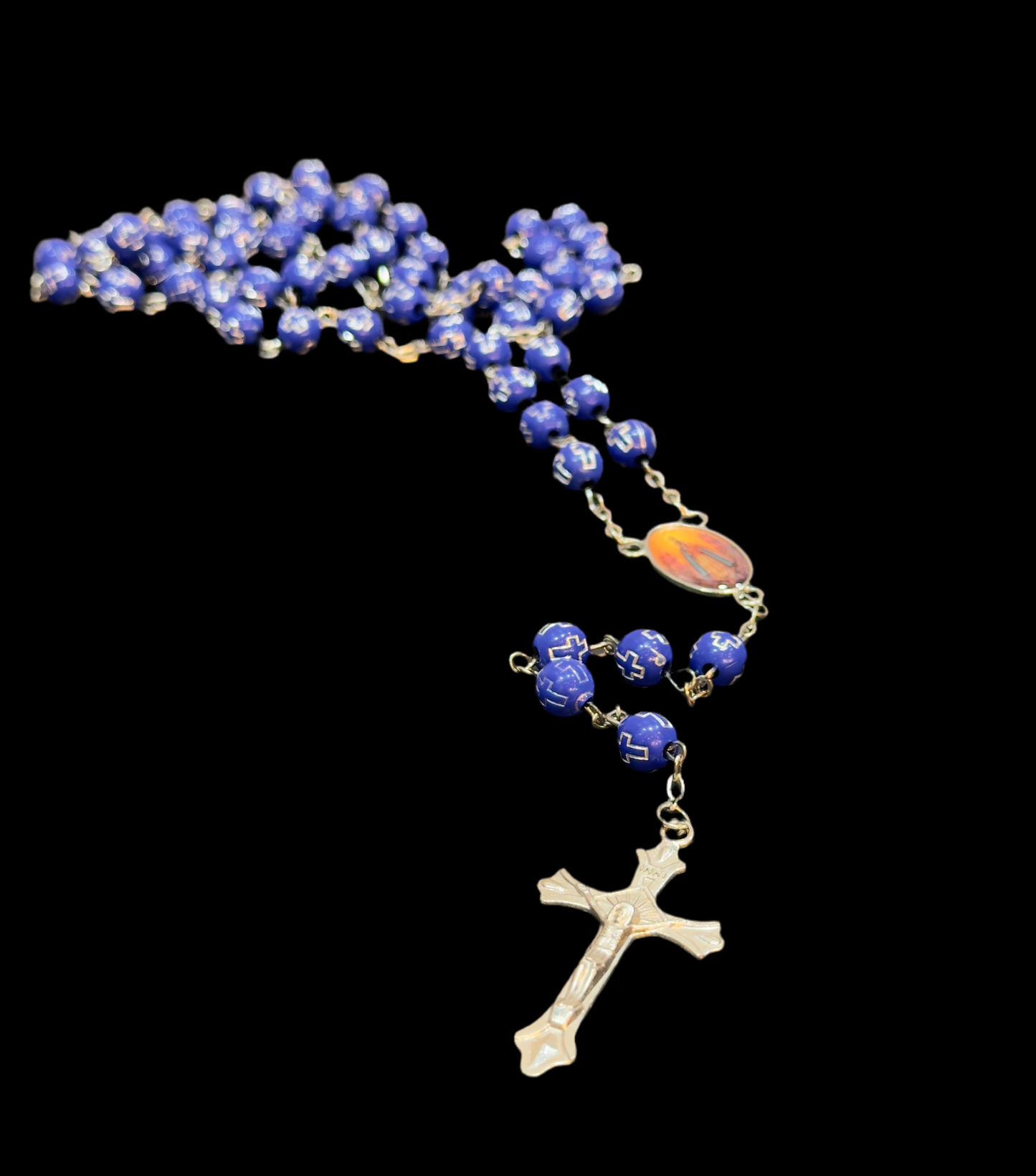 Vintage Silver Cross Christ Catholic Rosary in Cobalt Blue Beaded Engraved Cross