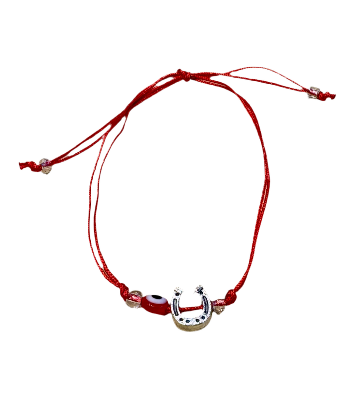 Red String Pull Tie Bracelet With Horseshoe Charm and Evil Eye Bead