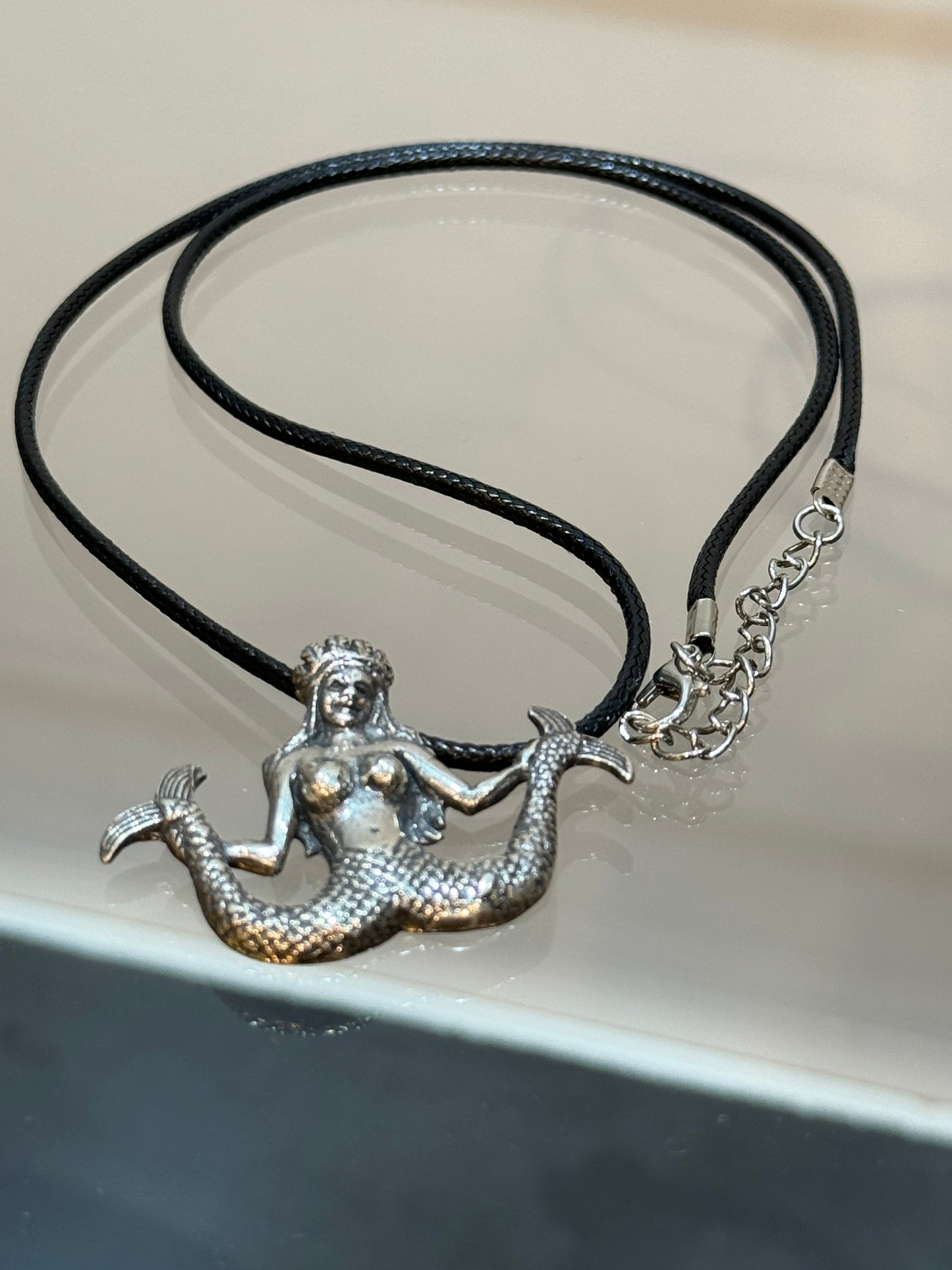 Silver Mermaid Double Tail Pendant With Black Cord Necklace