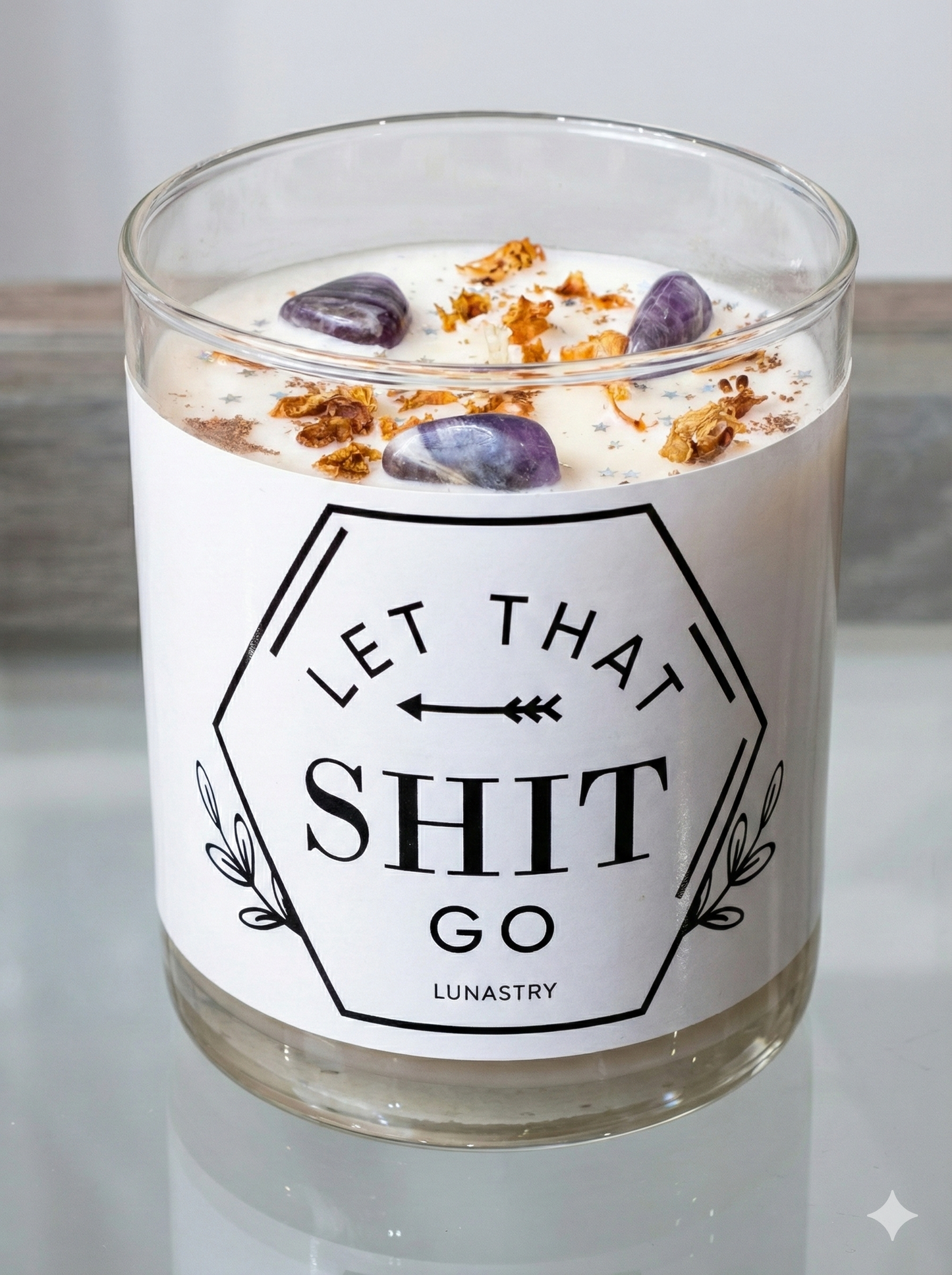 Crystal Candle Let That Shit Go! Hand Poured Amethyst Crystals, Rose Petals and Glitter made by Lunastry