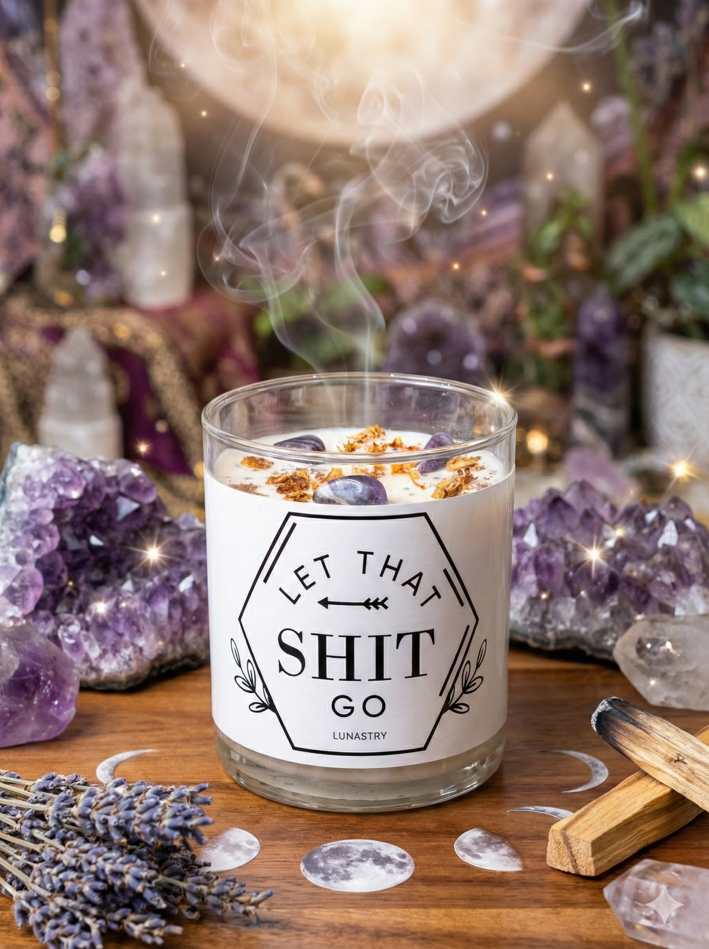 Crystal Candle Let That Shit Go! Hand Poured Amethyst Crystals, Rose Petals and Glitter made by Lunastry