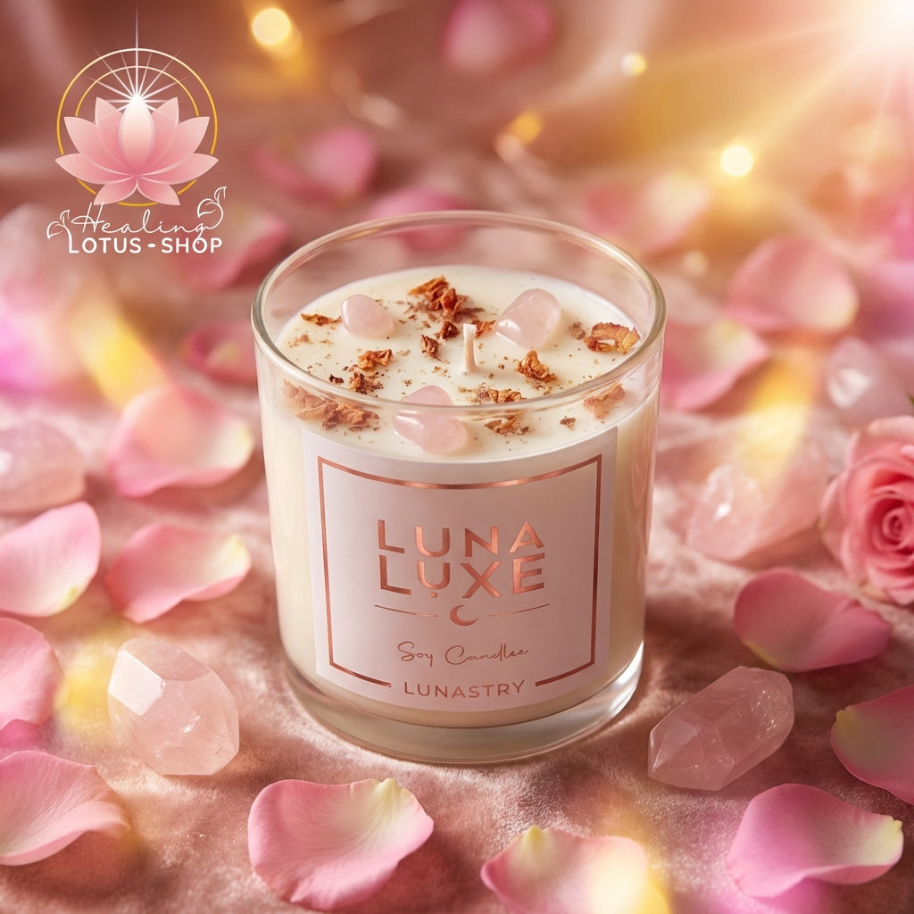 Rose Quartz Luna Luxe Candle Hand Poured Soy Wax Crystal Candle by Lunastry