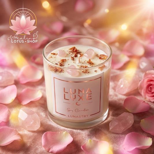 Rose Quartz Luna Luxe Candle Hand Poured Soy Wax Crystal Candle by Lunastry