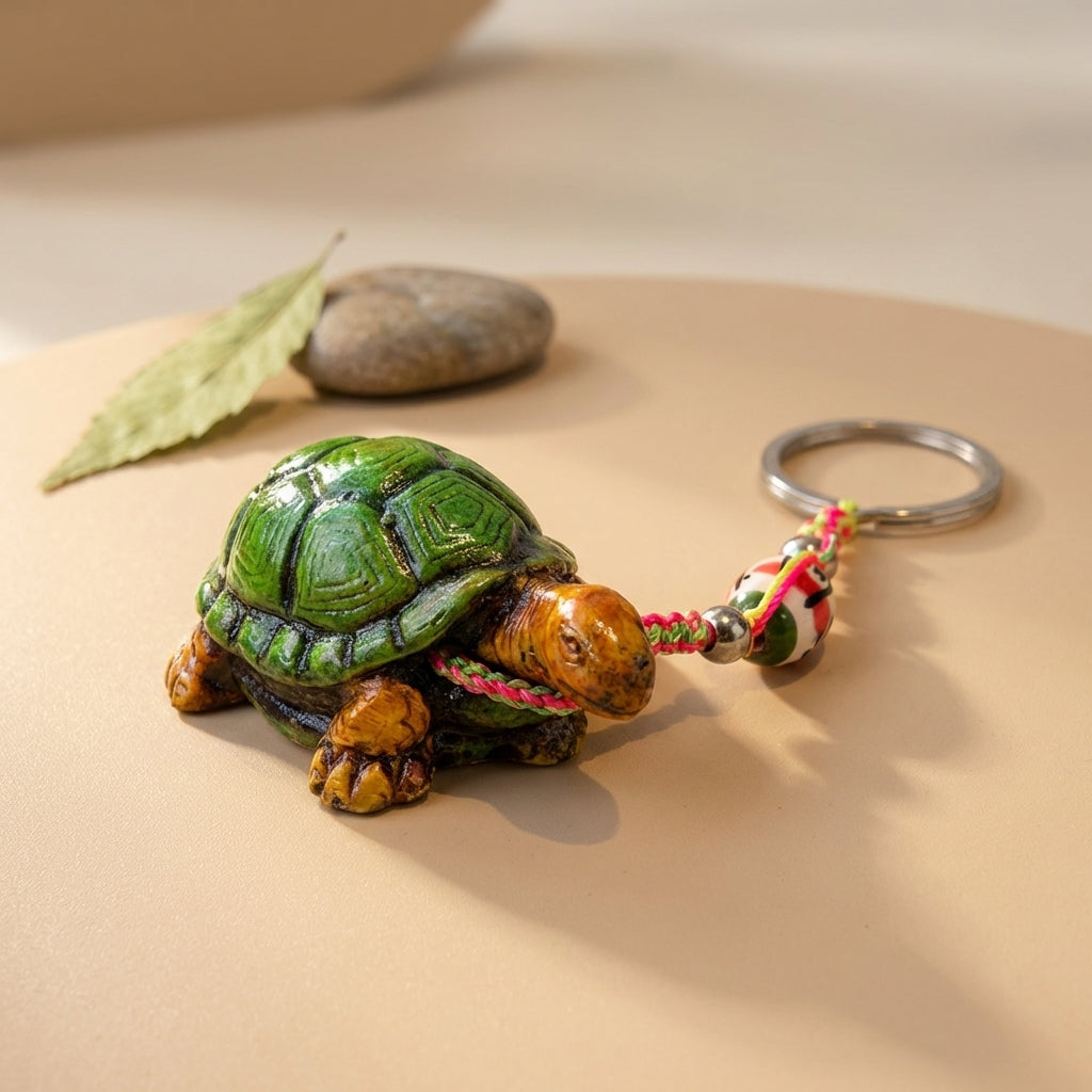 Turtle Keychain Handmade – Peruvian Green Turtle Charm Keyring for Protection, Good Luck & Travel