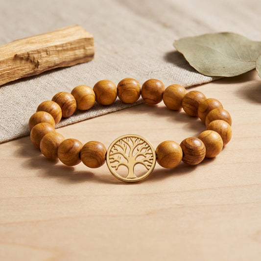 Palo Santo Tree of Life Bracelet – 8mm Natural Wood Bead Stretch Bracelet for Grounding, Protection & Energy Cleansing