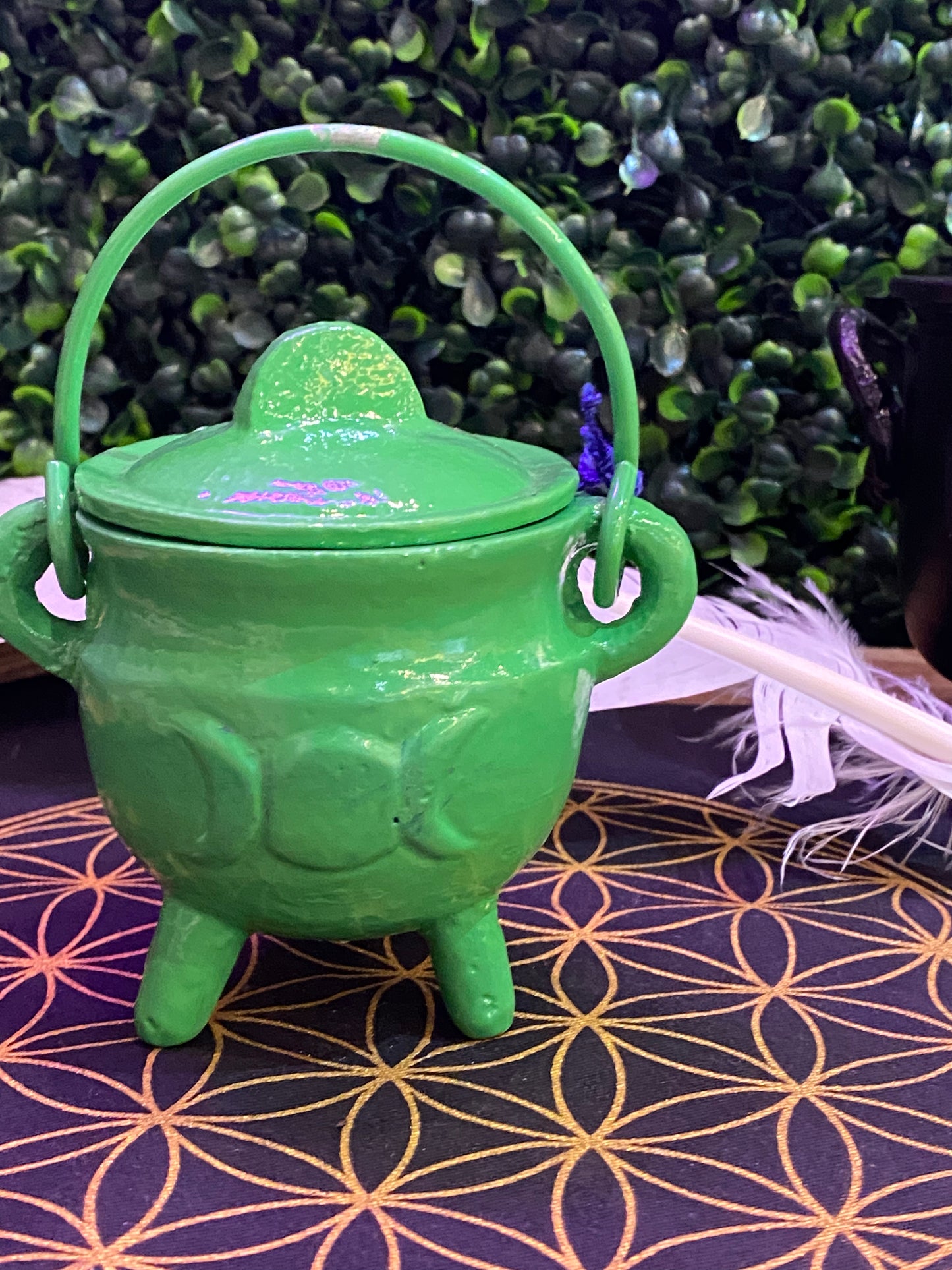 Green Triple Moon Cast Iron Cauldron