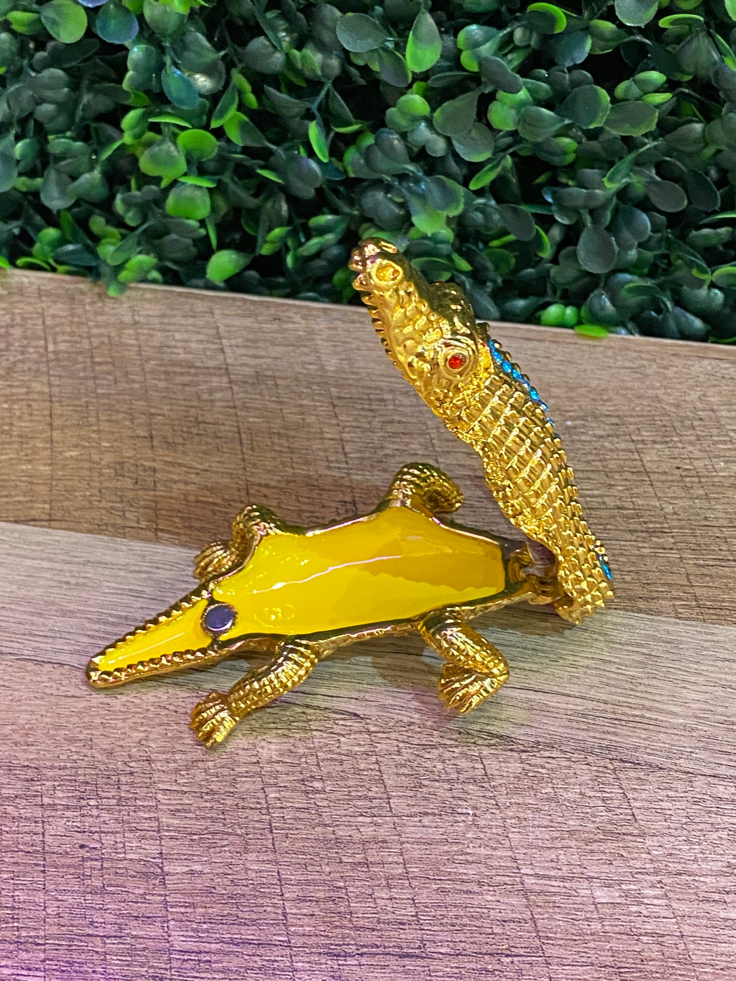 Gold and Turquoise Alligator Bejeweled Trinket Box