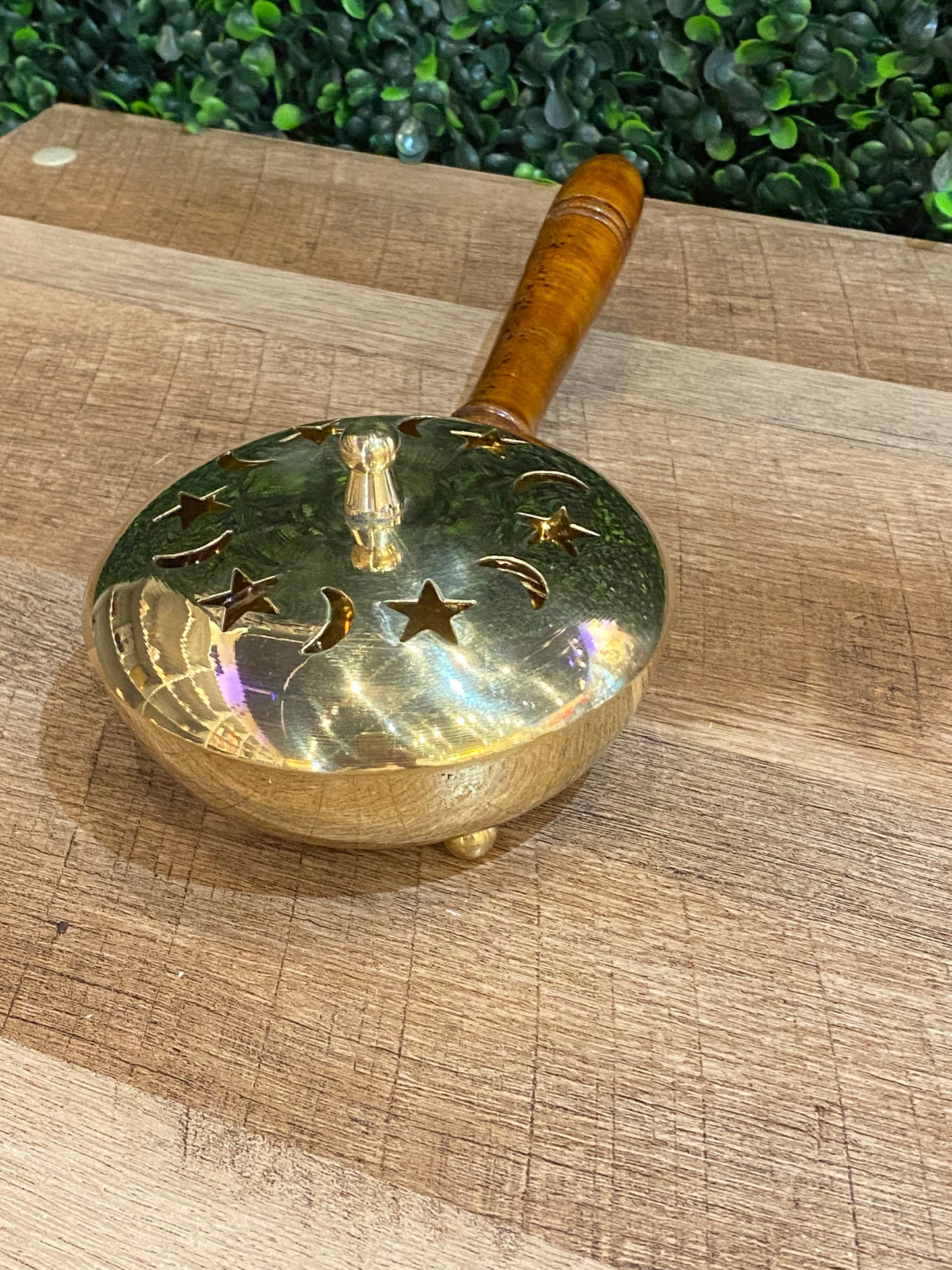 Gold Painted Iron Star and Moon Cauldron Pan w/ Wooden Handle