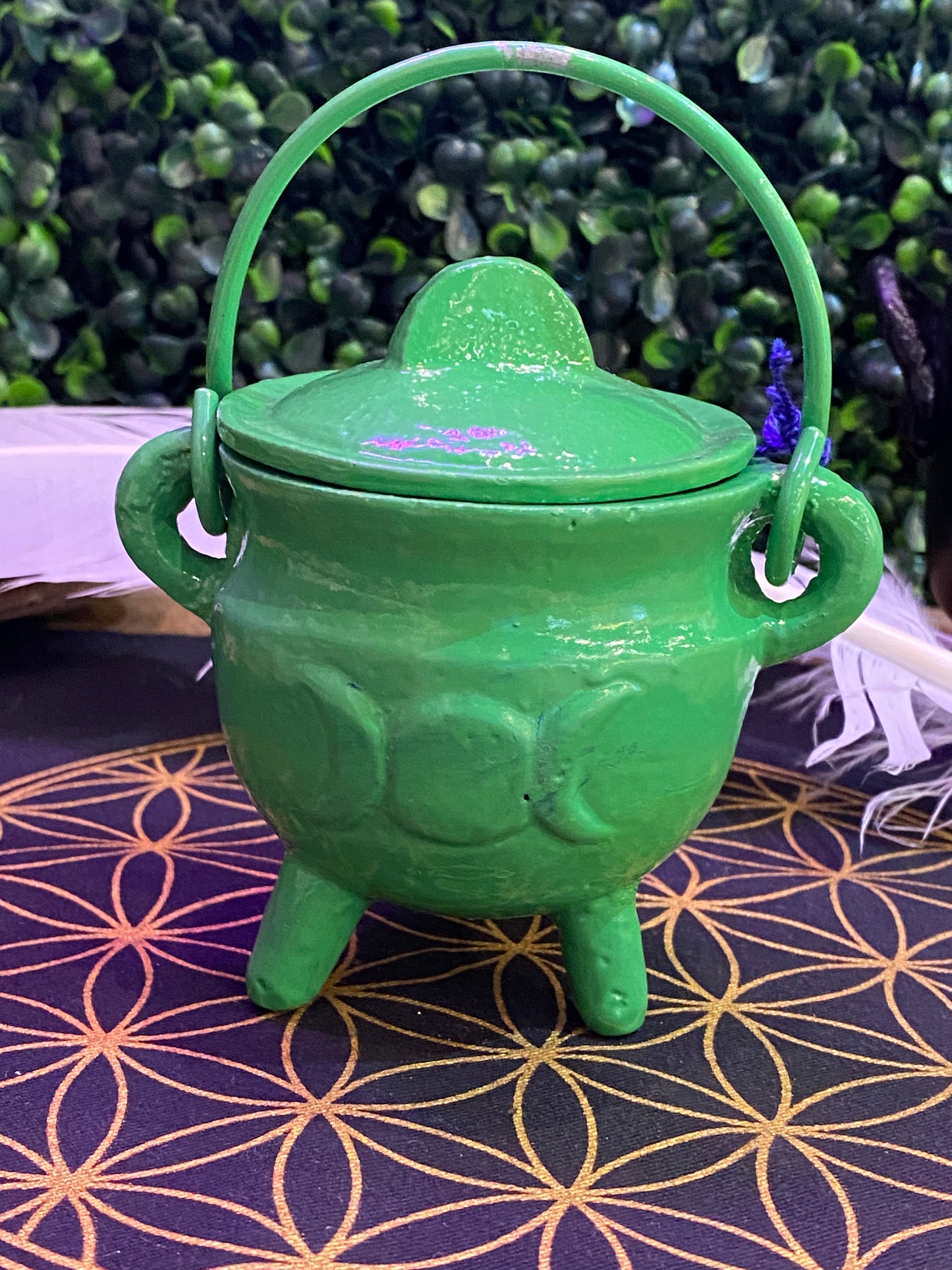 Green Triple Moon Cast Iron Cauldron