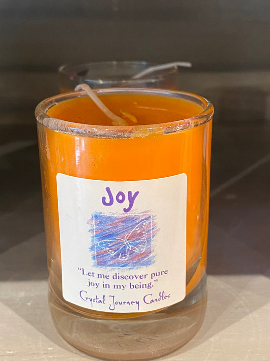 Joy-Crystal Journey Filled Glass Votive Candle with Plumeria, Jasmine, Sandalwood Scents